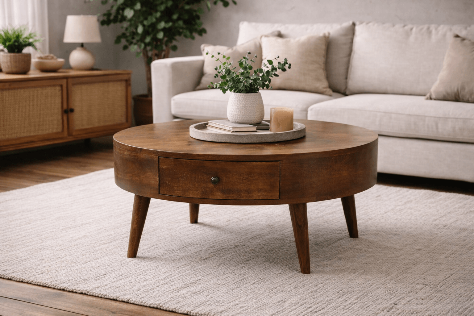 Round vs Rectangular Coffee Tables: Which Shape Works Best for Your Living Room? A round wooden coffee table in a cozy living room.