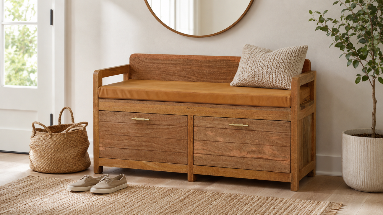 Solid wood entryway storage bench with leather cushion seat, spacious drawers, woven basket, neutral rug, and natural decor in a bright modern hallway interior.