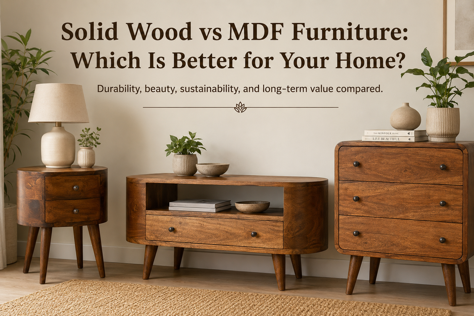 Solid wood mango furniture collection in a warm modern living room interior comparing solid wood vs MDF furniture.