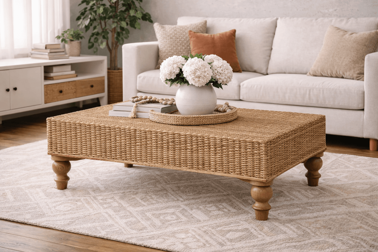 How to Choose the Perfect Coffee Table for Your Living Room - stylish wicker coffee table with flowers in modern living room.