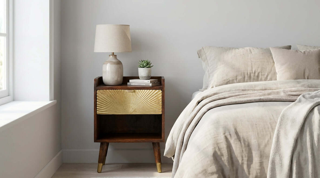 How to Choose the Perfect Nightstand for Your Bedroom: stylish nightstand with lamp and plant beside bed