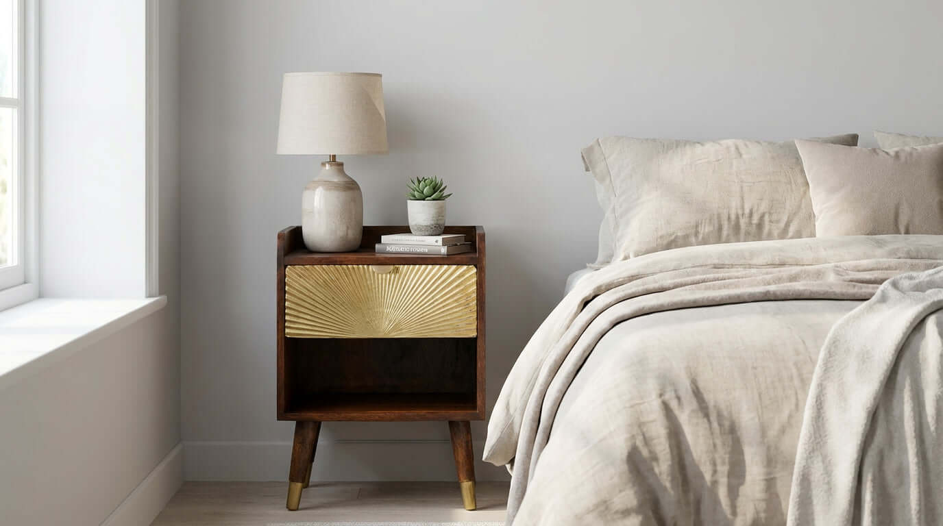 How to Choose the Perfect Nightstand for Your Bedroom: stylish nightstand with lamp and plant beside bed