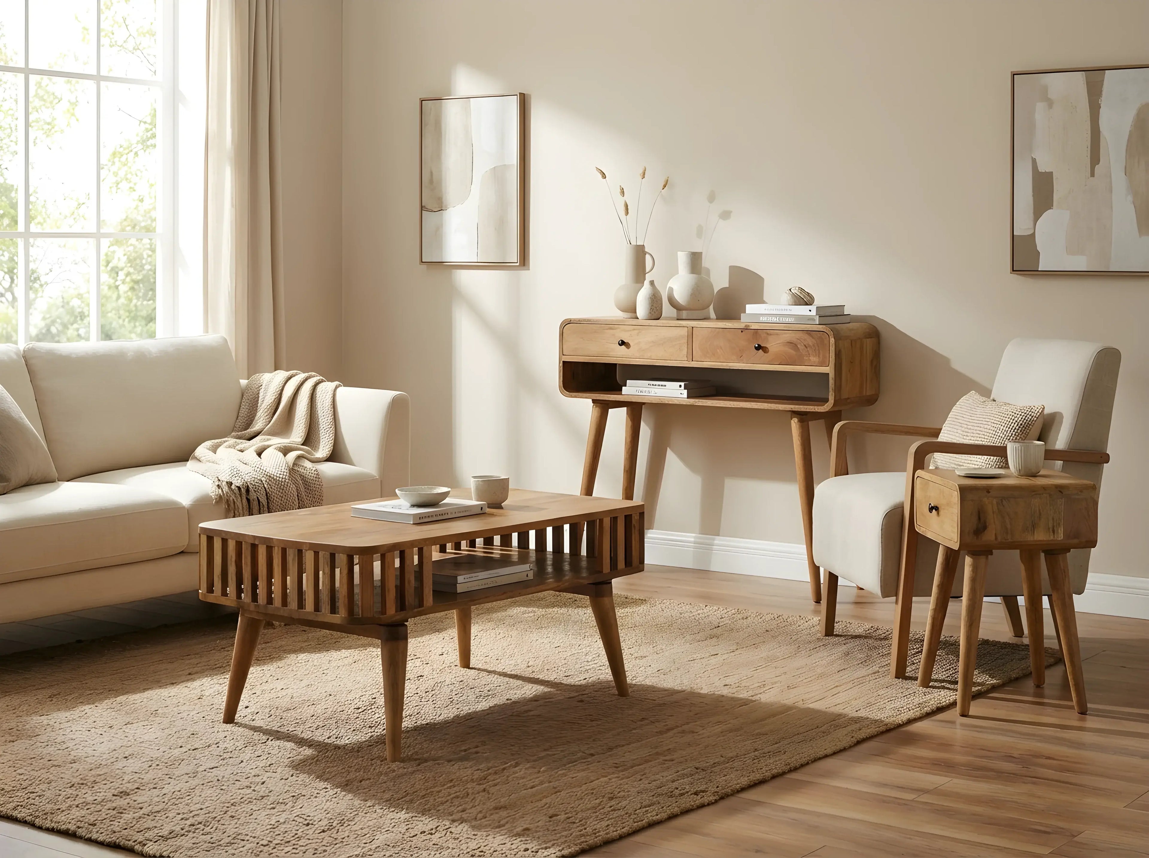 Modern living room featuring solid wood furniture, including a coffee table and side chairs, showcasing style and natural materials.