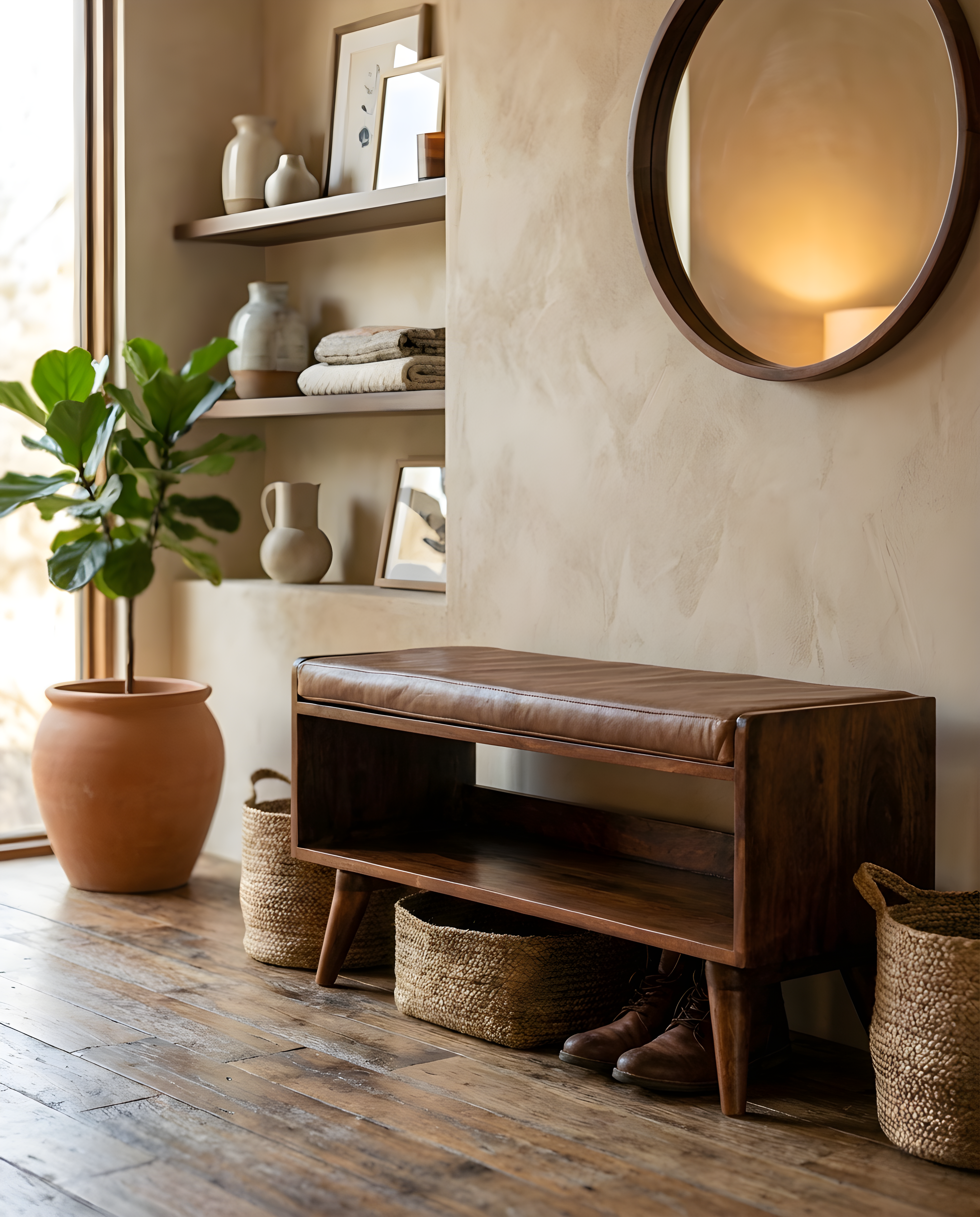 Rustic bench in a cozy entryway with decor and plants, showcasing functional style for your home. Benches.