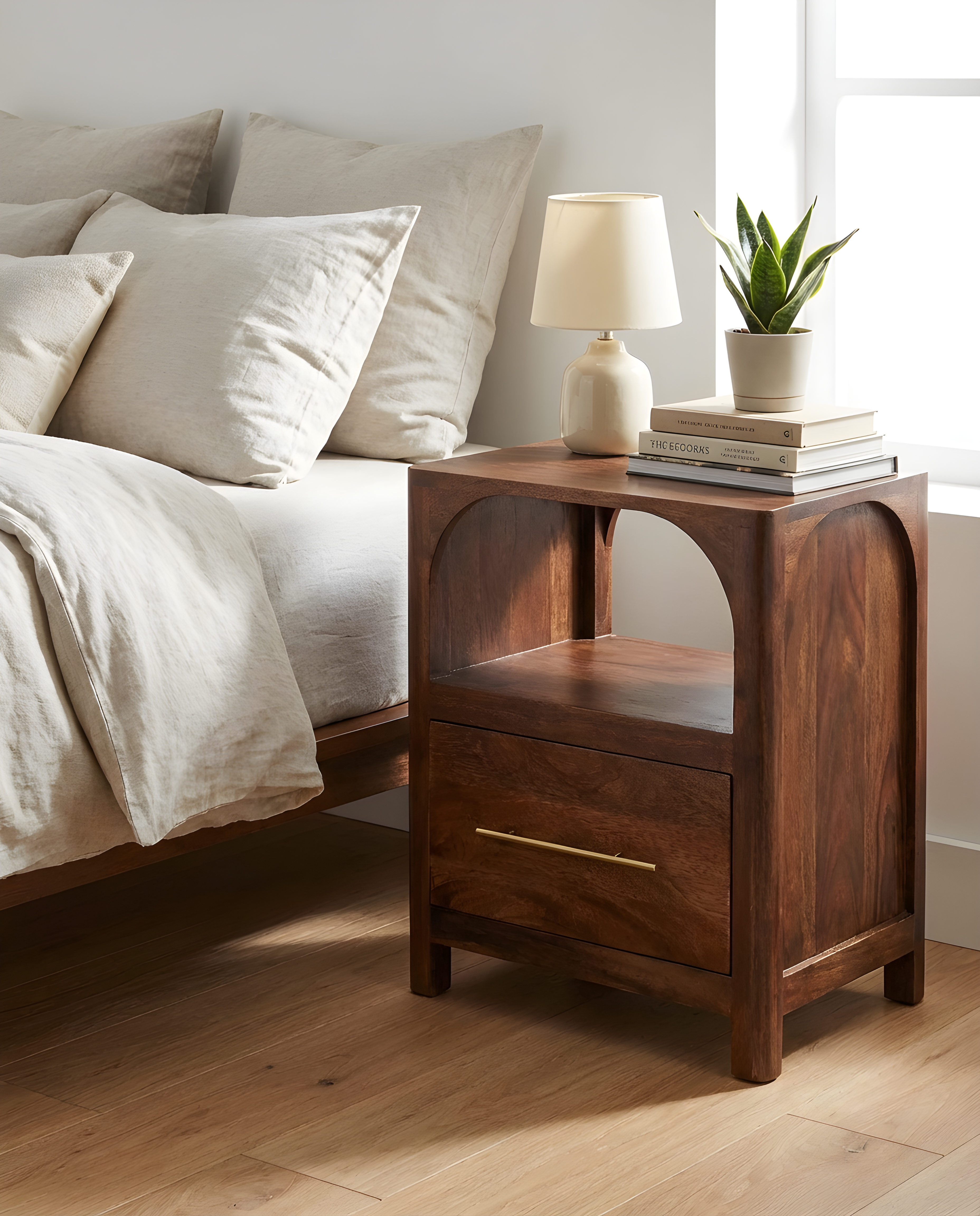 Bestsellers bedside table with warm wooden finish, lamp, books, and a plant, perfect for bedroom comfort.