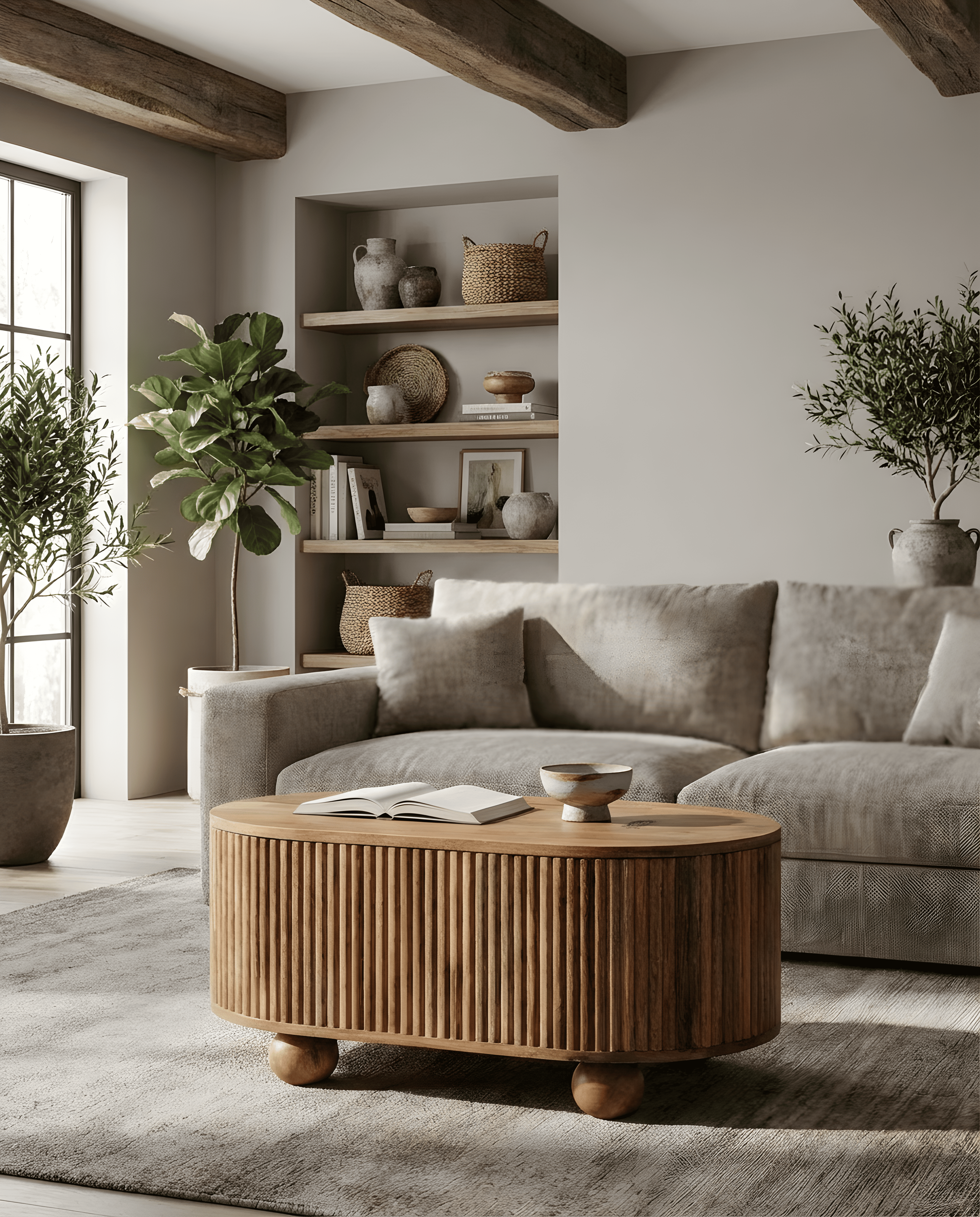 A rustic coffee table in a cozy living room featuring handcrafted wood designs and warm decor elements.