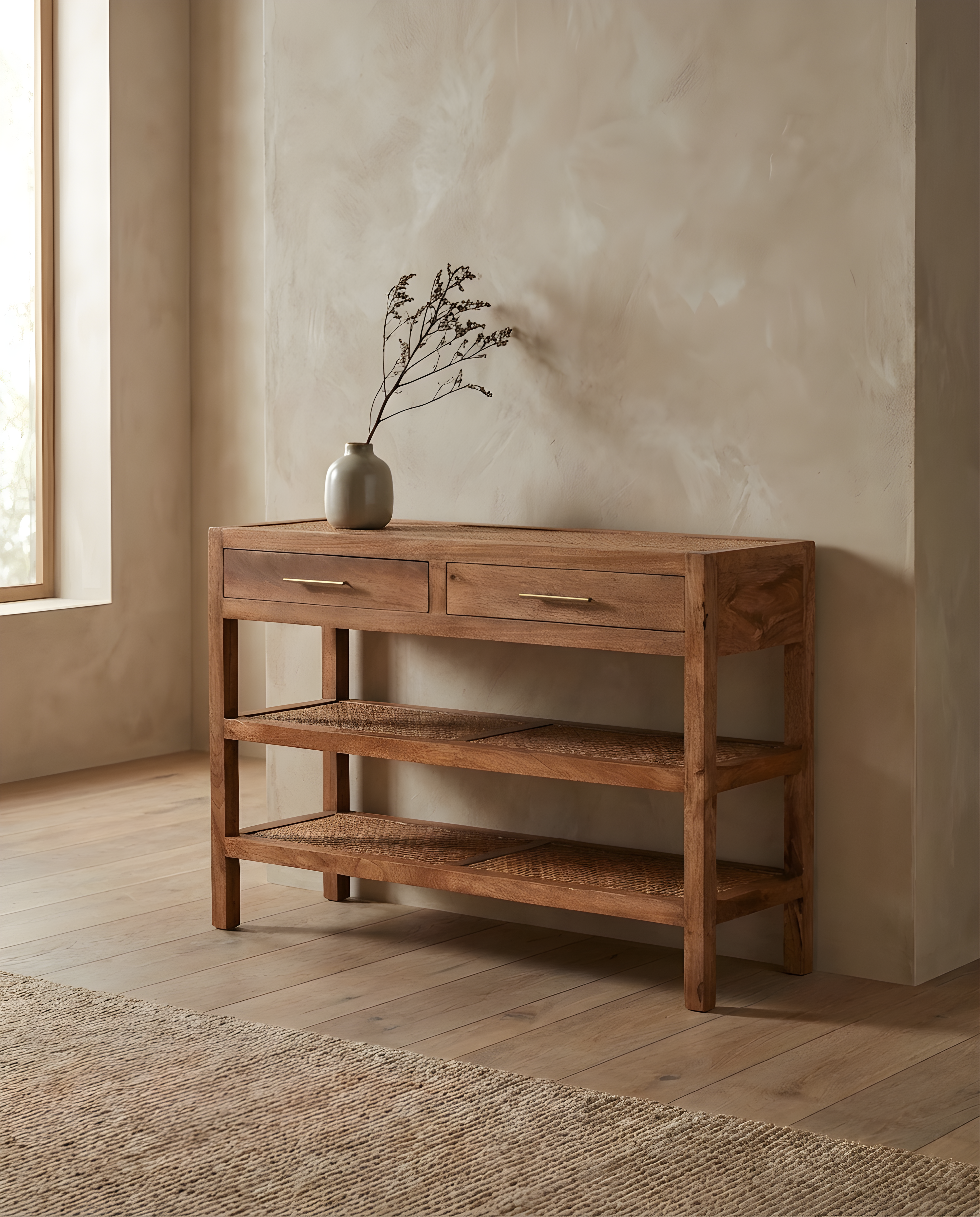 Rustic console table with two drawers and open shelving, perfect for entryways and living rooms. Console Tables.