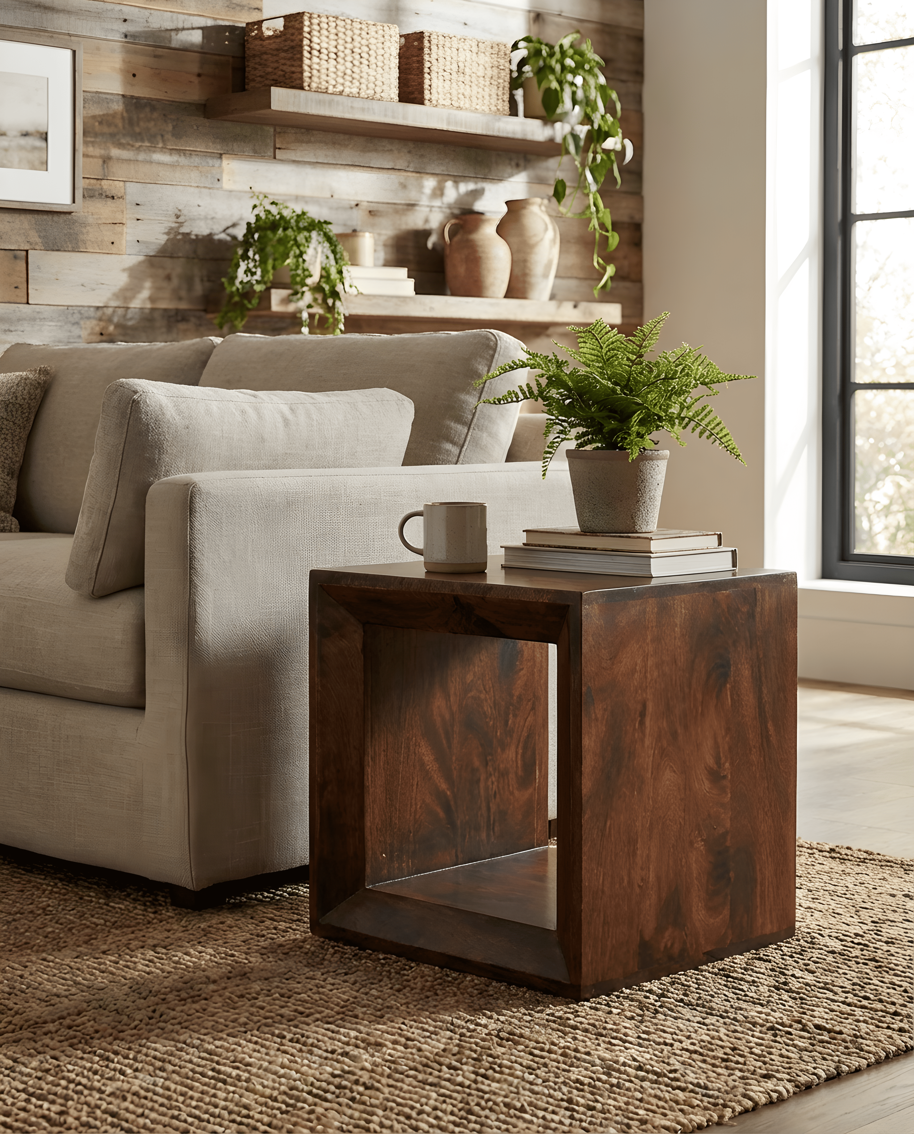 Stylish End Tables & Nesting Tables showcased with a cozy sofa, decorative plant, and books in a warm living room setting.
