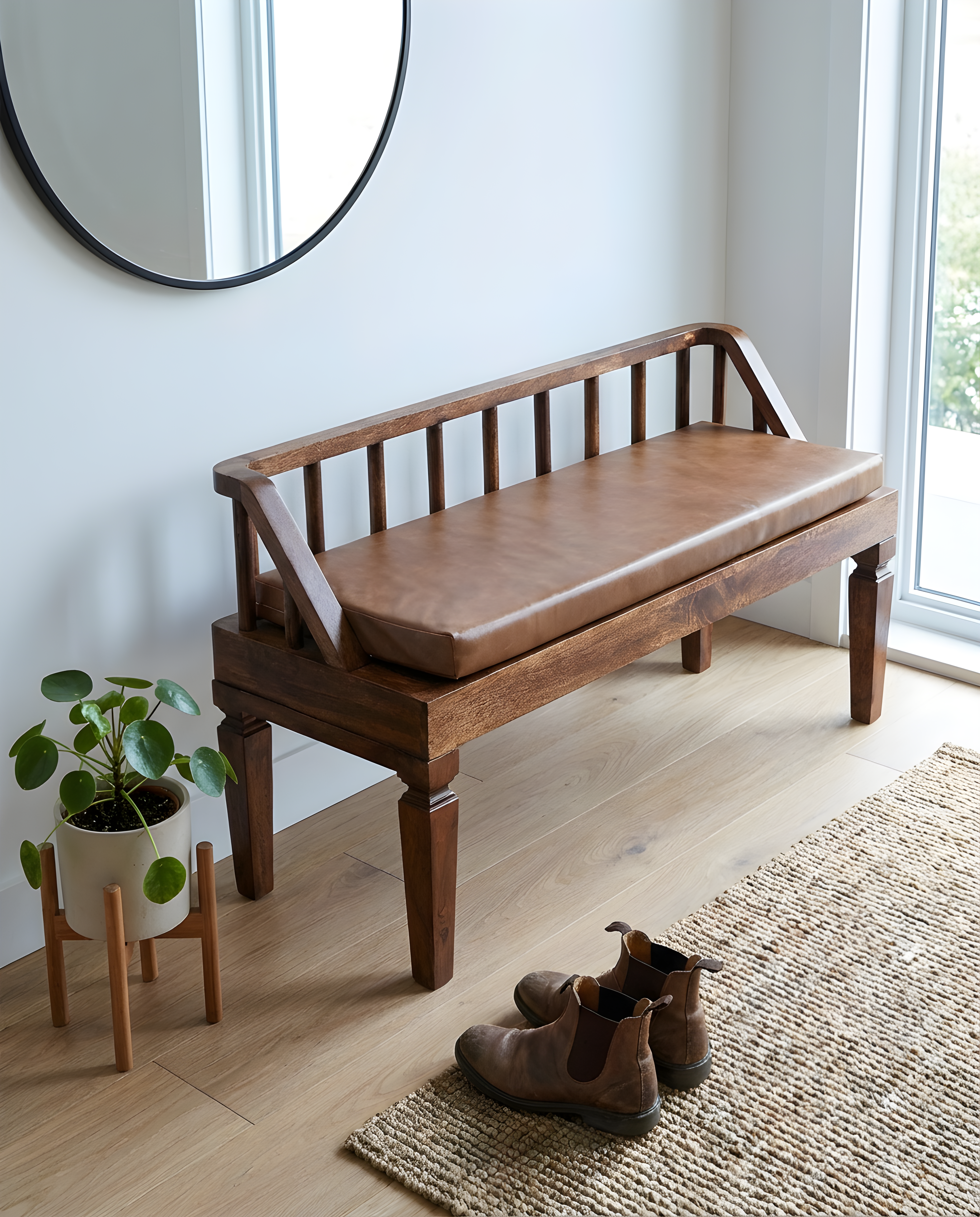 New Arrivals bench with brown cushion and rustic design, enhancing modern entryway decor.