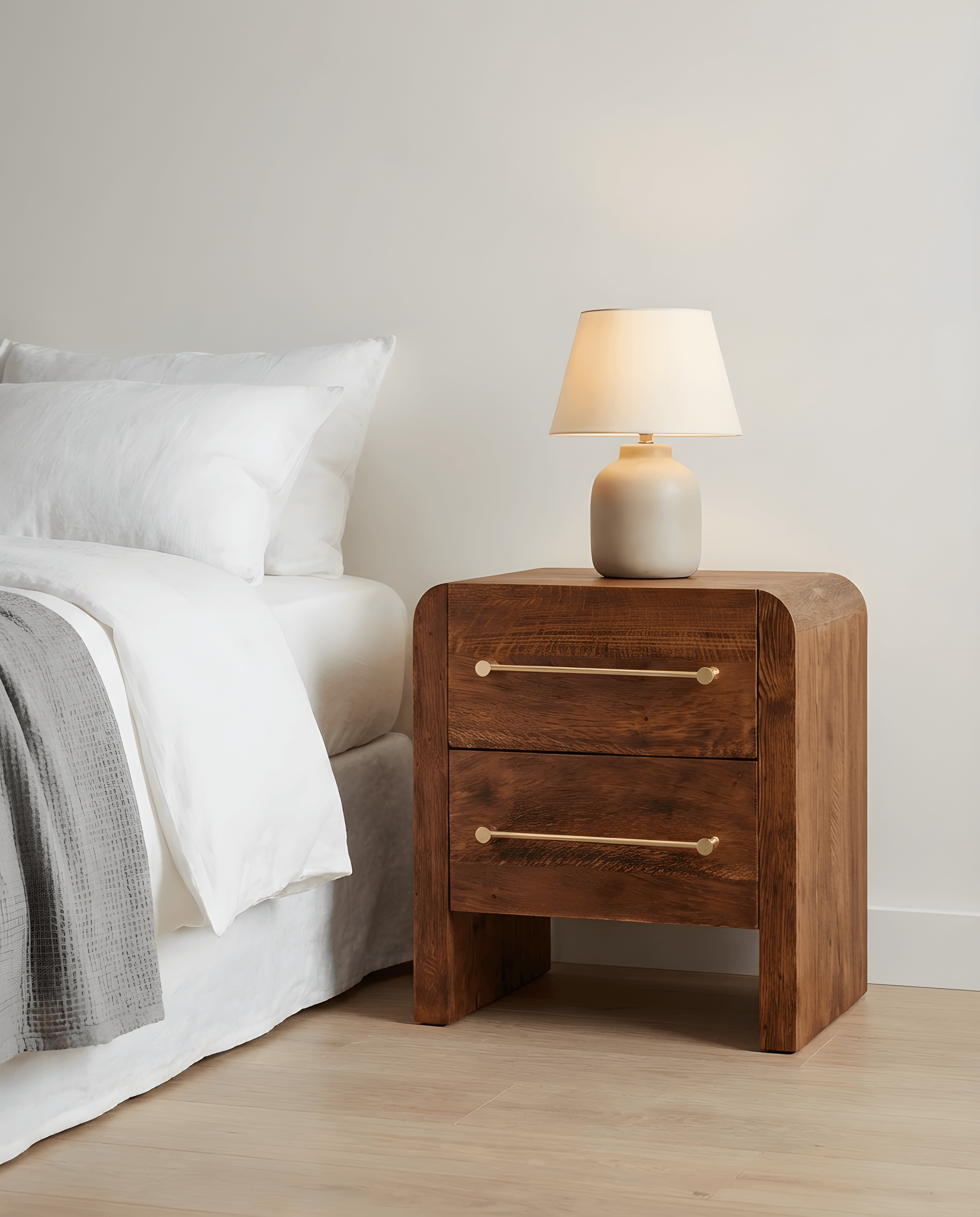Nightstands featuring solid wood craftsmanship, two drawers, and a stylish lamp for rustic bedroom decor.