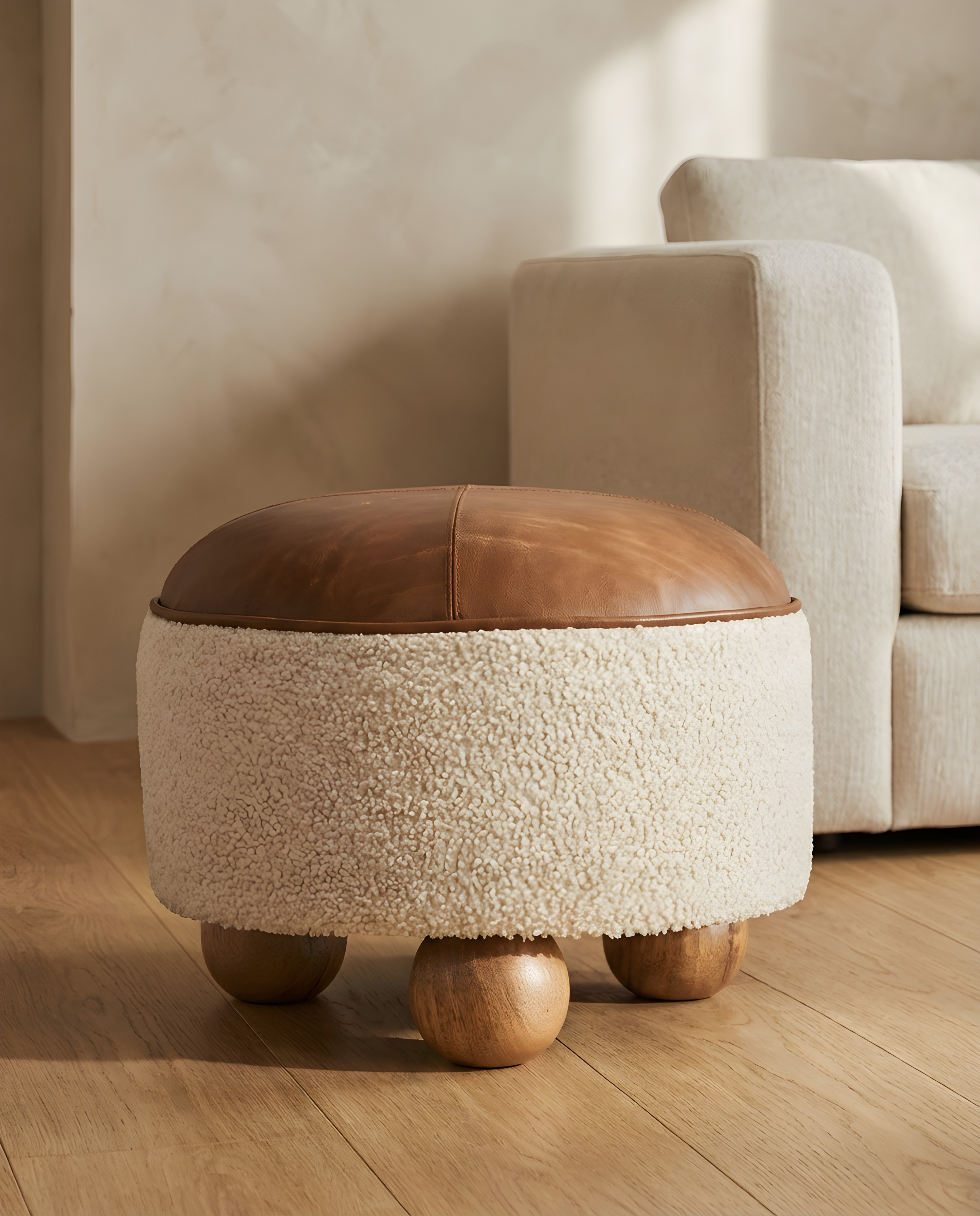 Ottomans & Footstools: compact stool with soft upholstery and wooden legs, ideal for living rooms or bedrooms.