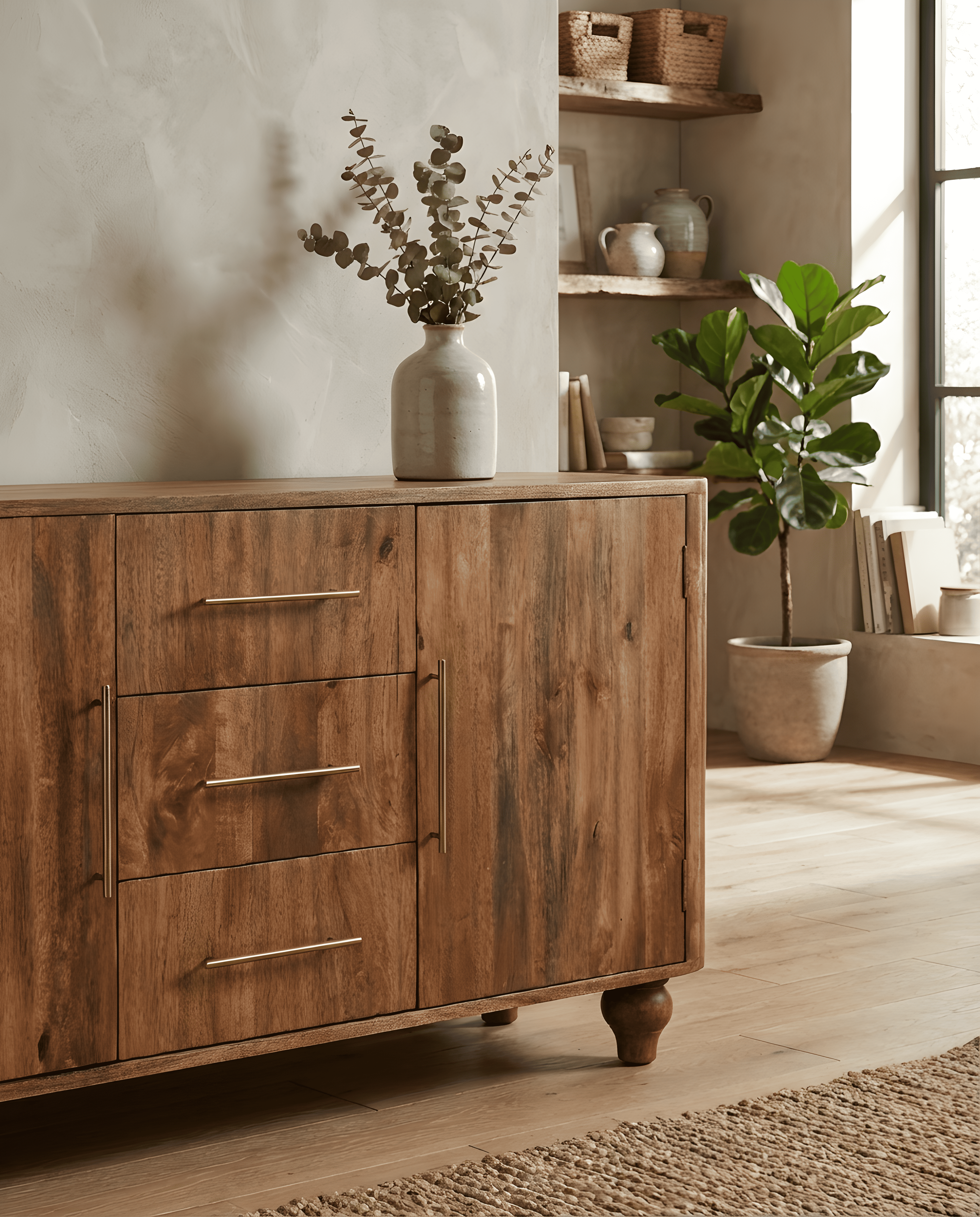 Sideboards featuring a beautifully crafted wooden design with storage drawers and a vase of foliage.