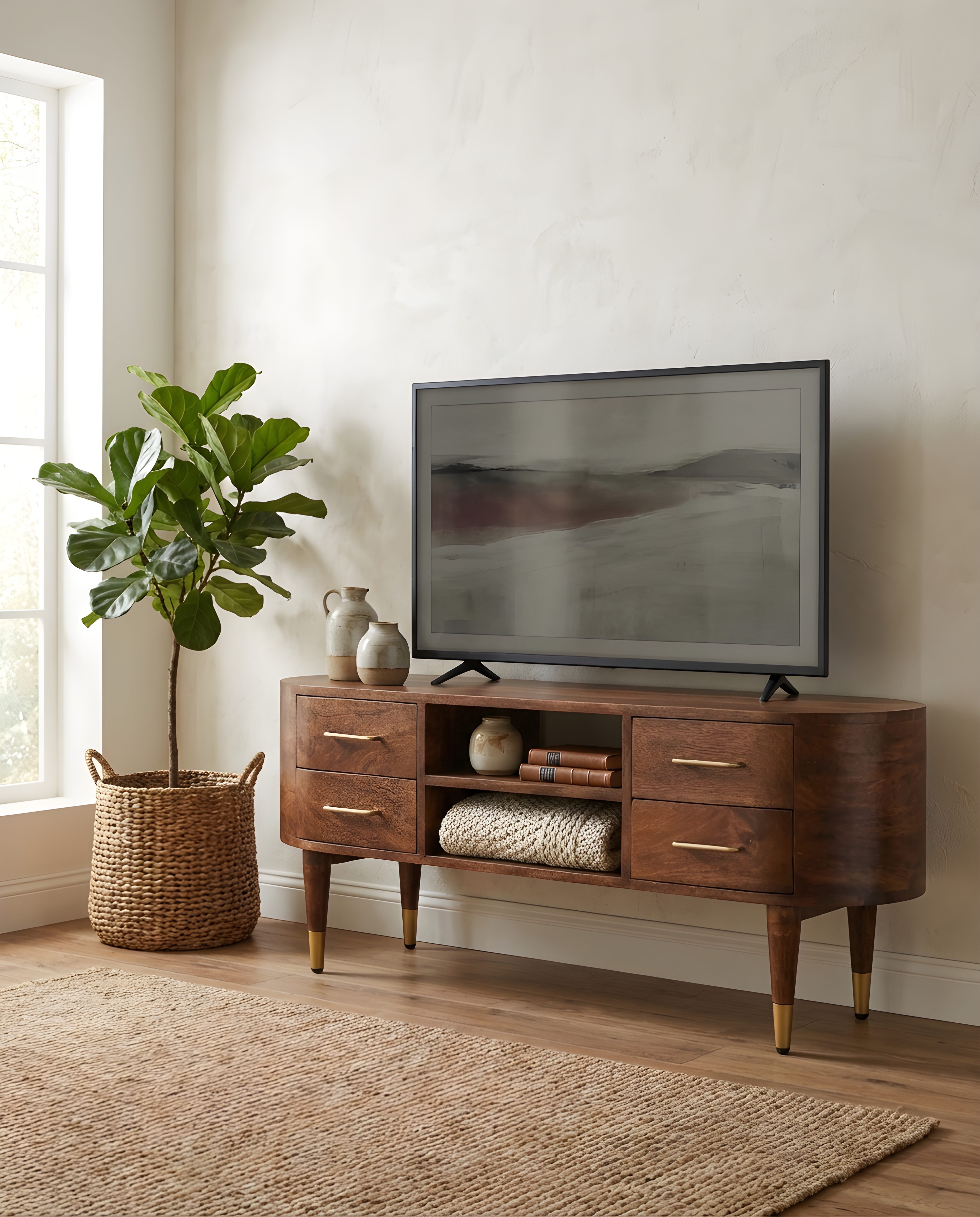 Stylish TV Stands showcasing a mid-century design with a solid wood finish in a cozy living room setting.