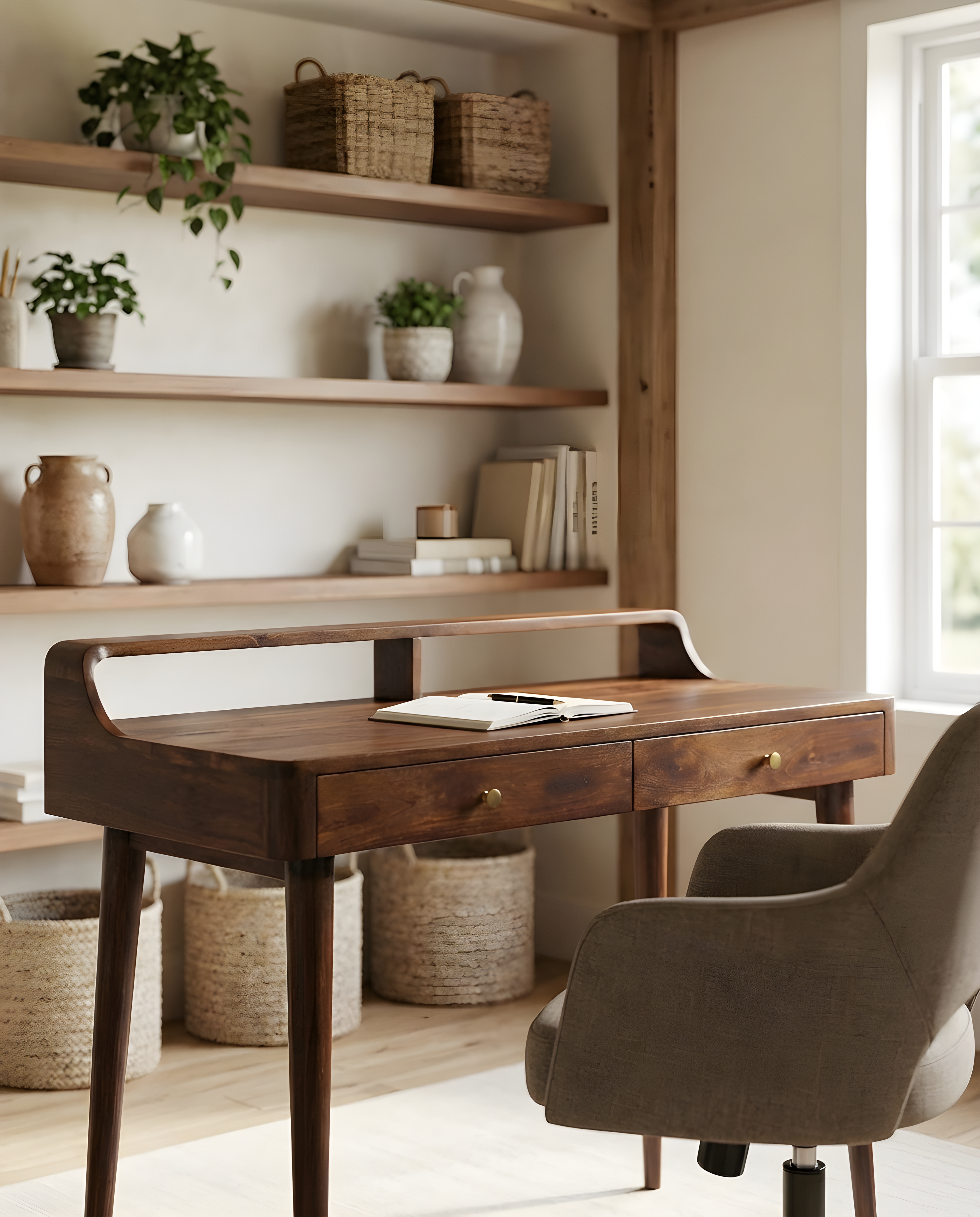 Writing Desks: rustic wooden writing desk with drawers, paired with a gray chair in a cozy home office.