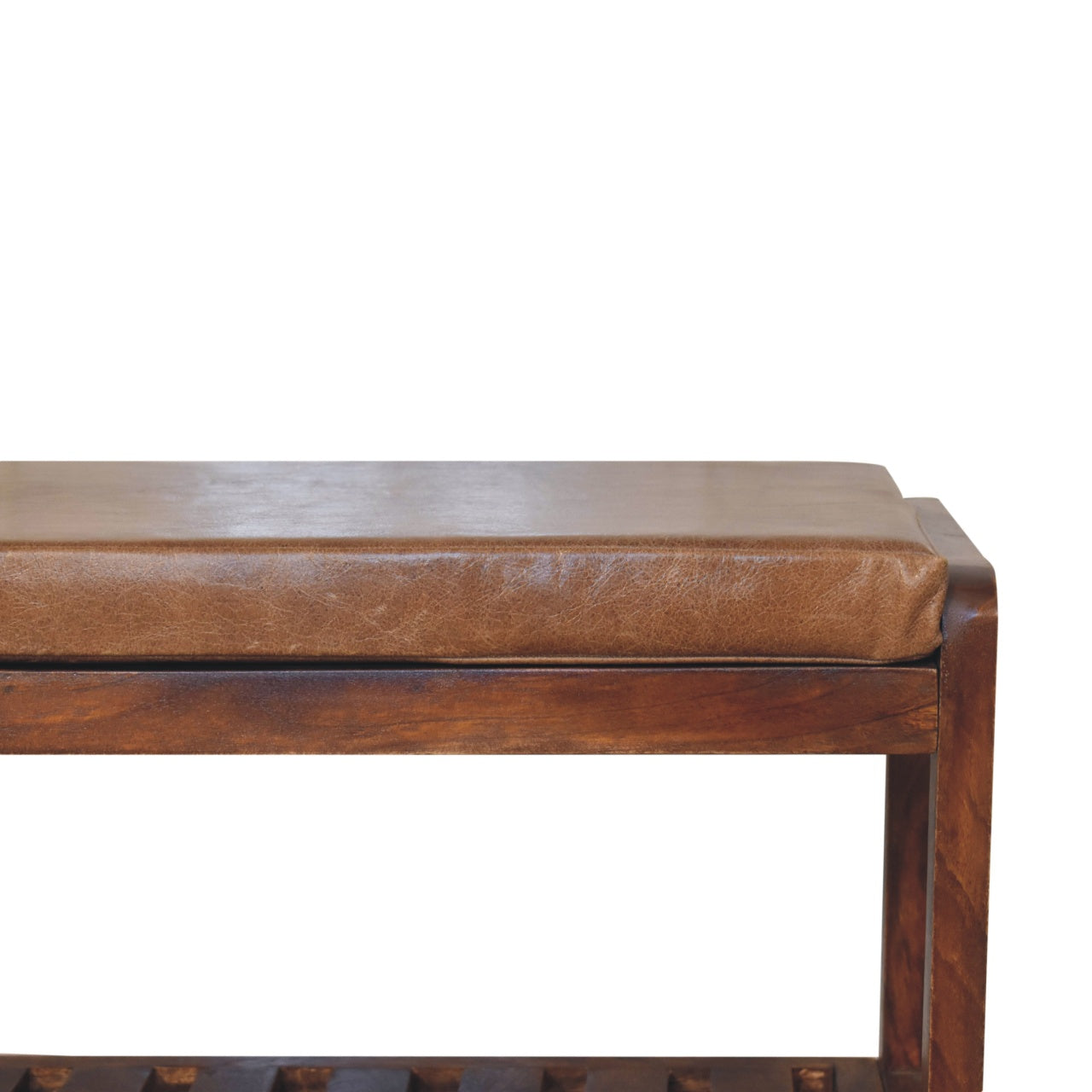 Buffalo Slatted Hallway Bench - Solid Mango Wood Seating Furniture for Entryway with leather seat.