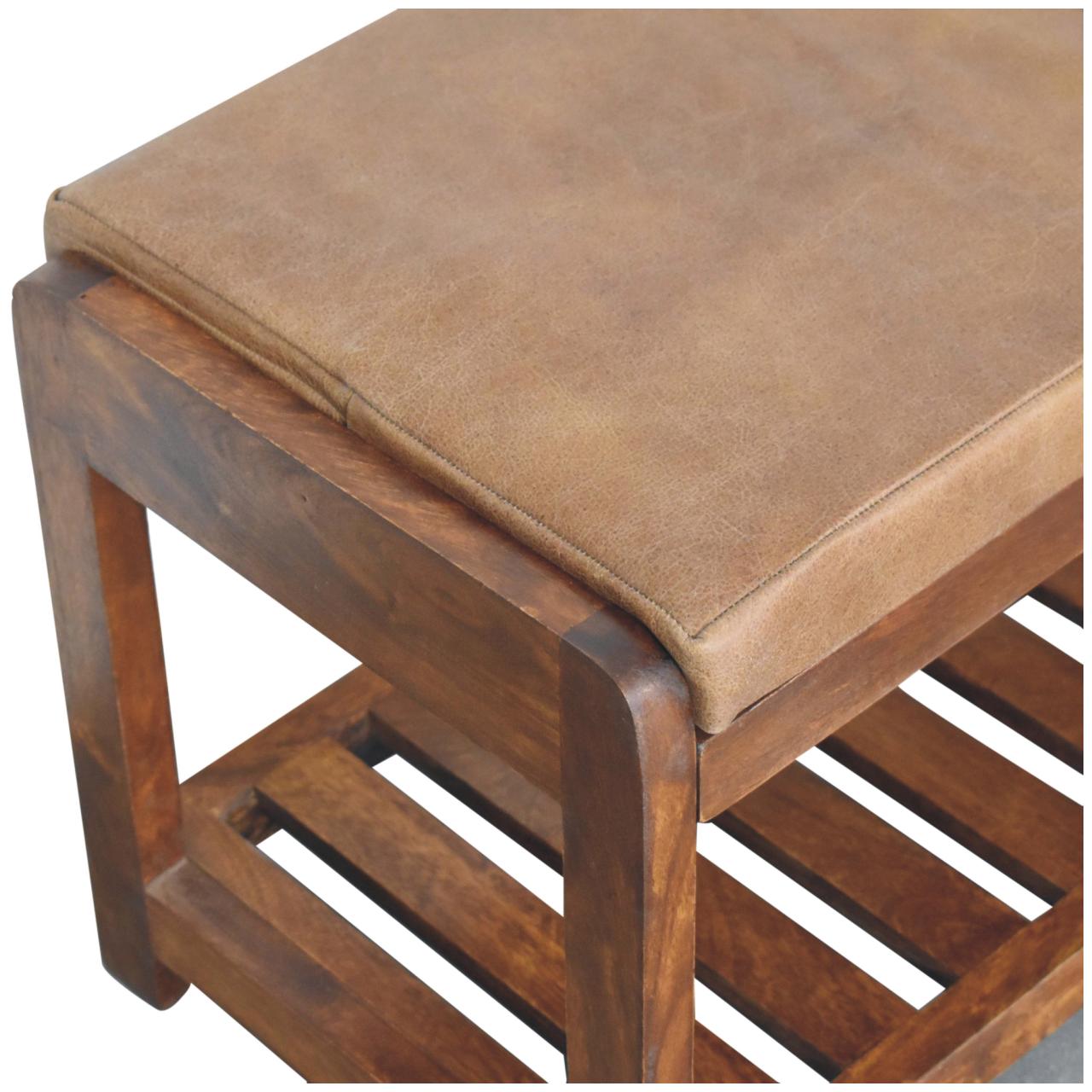 Buffalo Slatted Hallway Bench - Solid Mango Wood Seating Furniture for Entryway top view with padded seat.