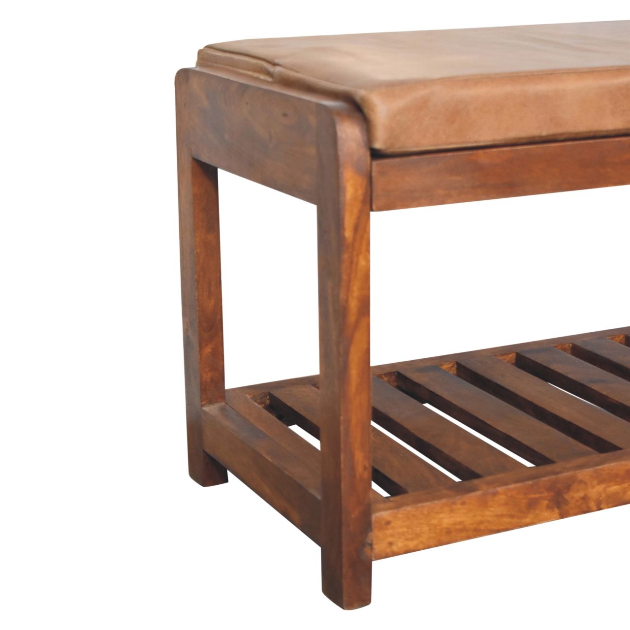 Buffalo Slatted Hallway Bench - Solid Mango Wood Seating Furniture for Entryway with slatted lower shelf and cushioned top.