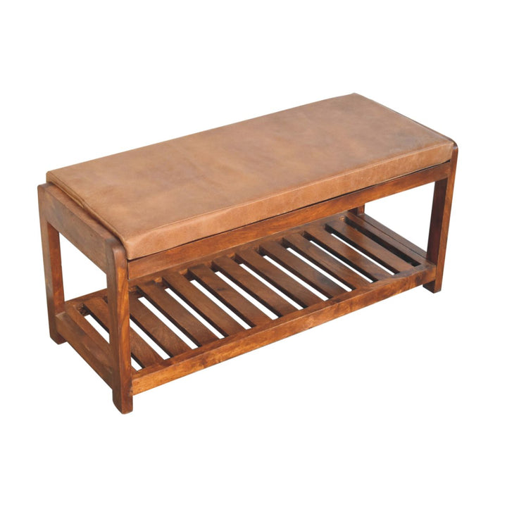 Buffalo Slatted Hallway Bench - Solid Mango Wood Seating Furniture for Entryway with slatted bottom and cushioned top.
