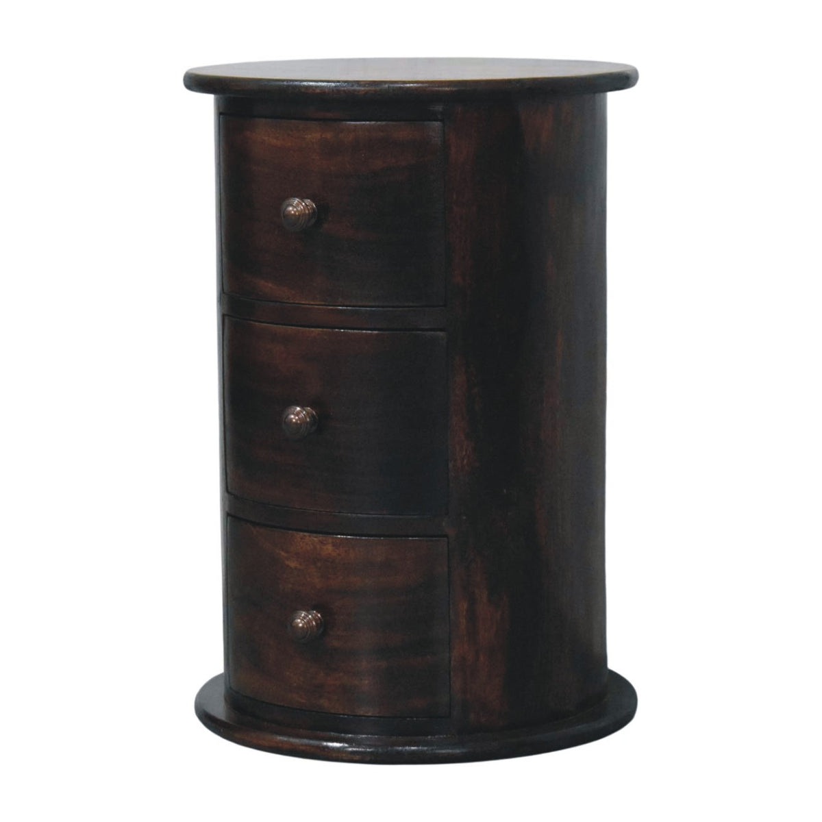 California Walnut Drum End Table - 3 Drawer Solid Mango Wood Table