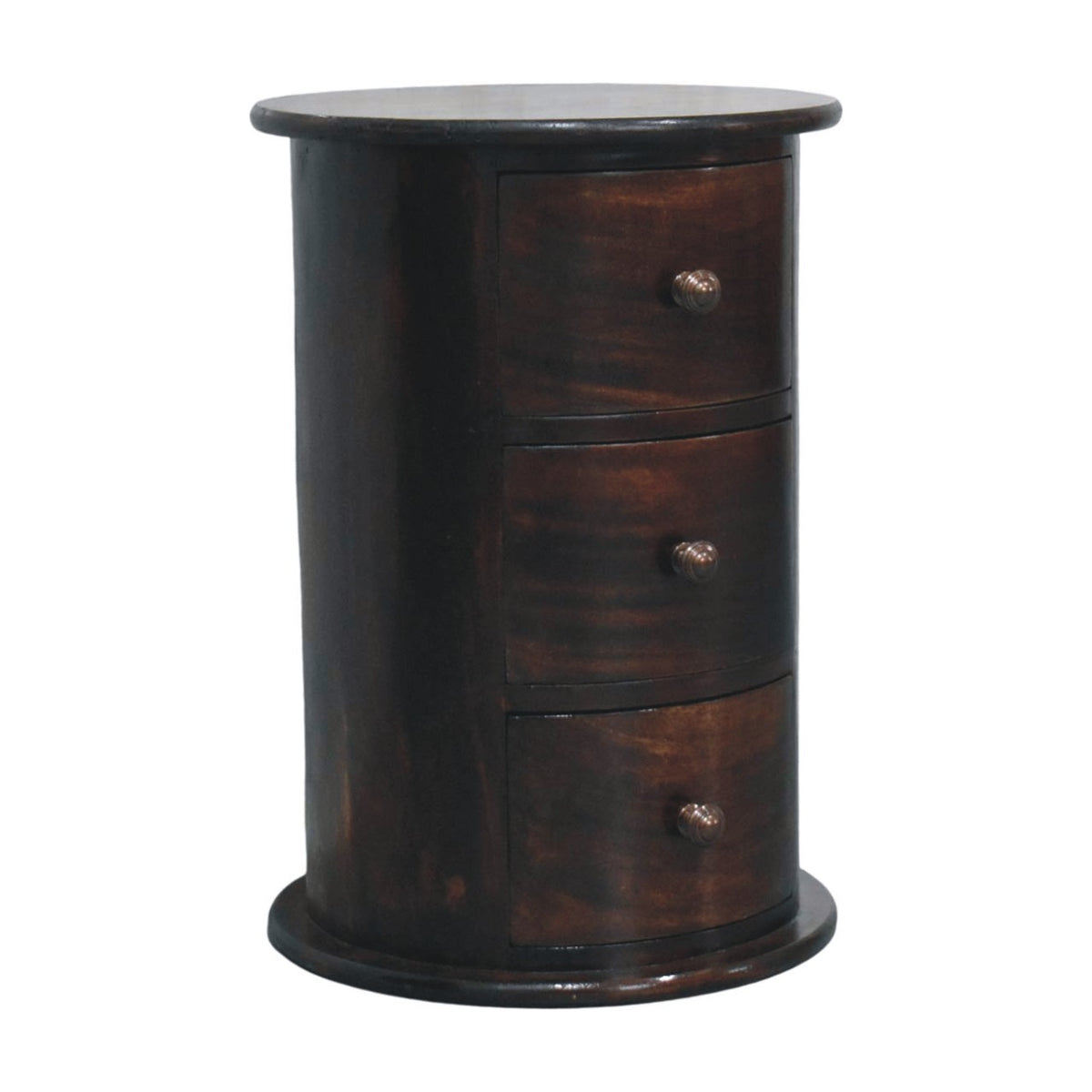 California Walnut Drum End Table - 3 Drawer Solid Mango Wood Table
