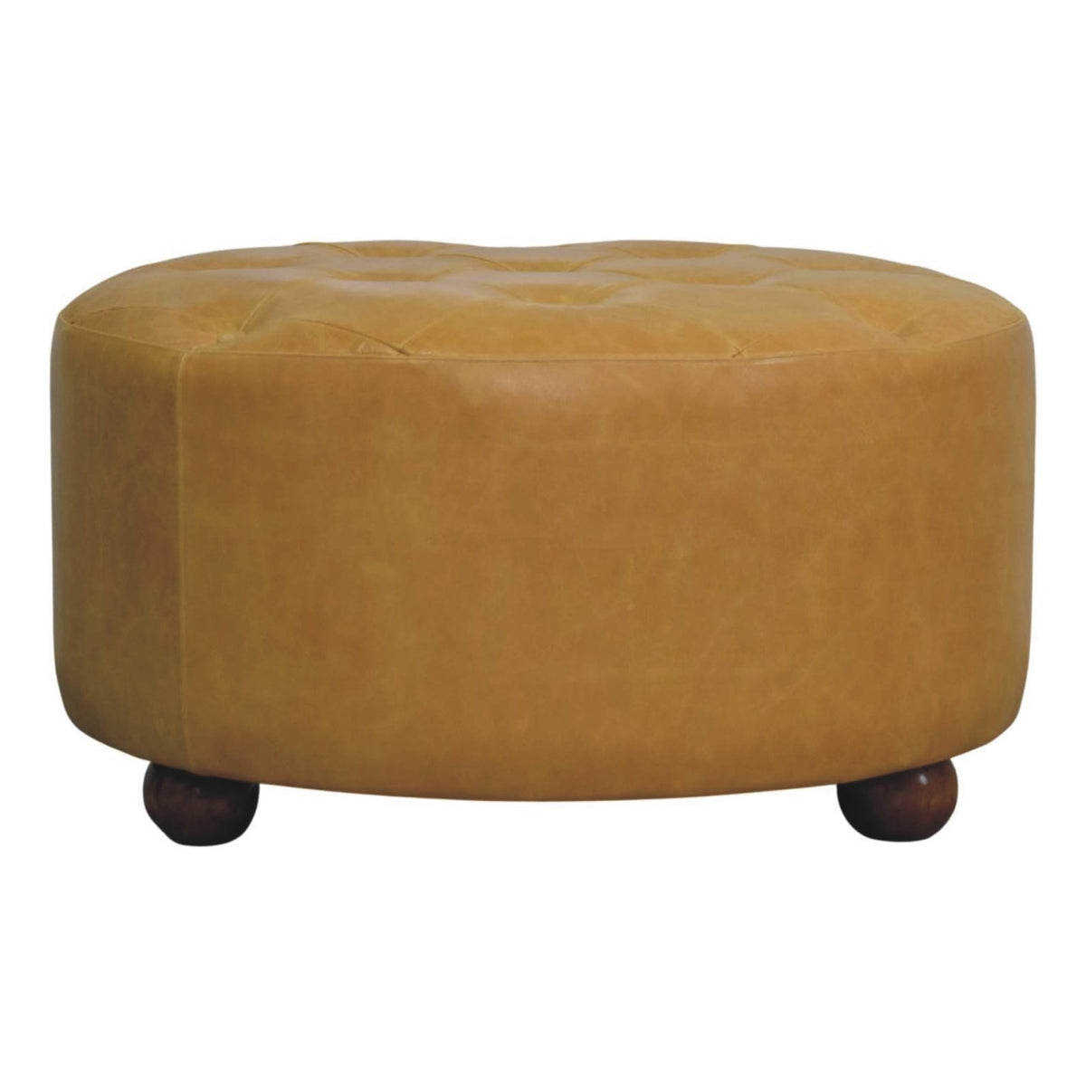 Amber Oak Leather Coffee Table - Round Upholstered Ottoman Table