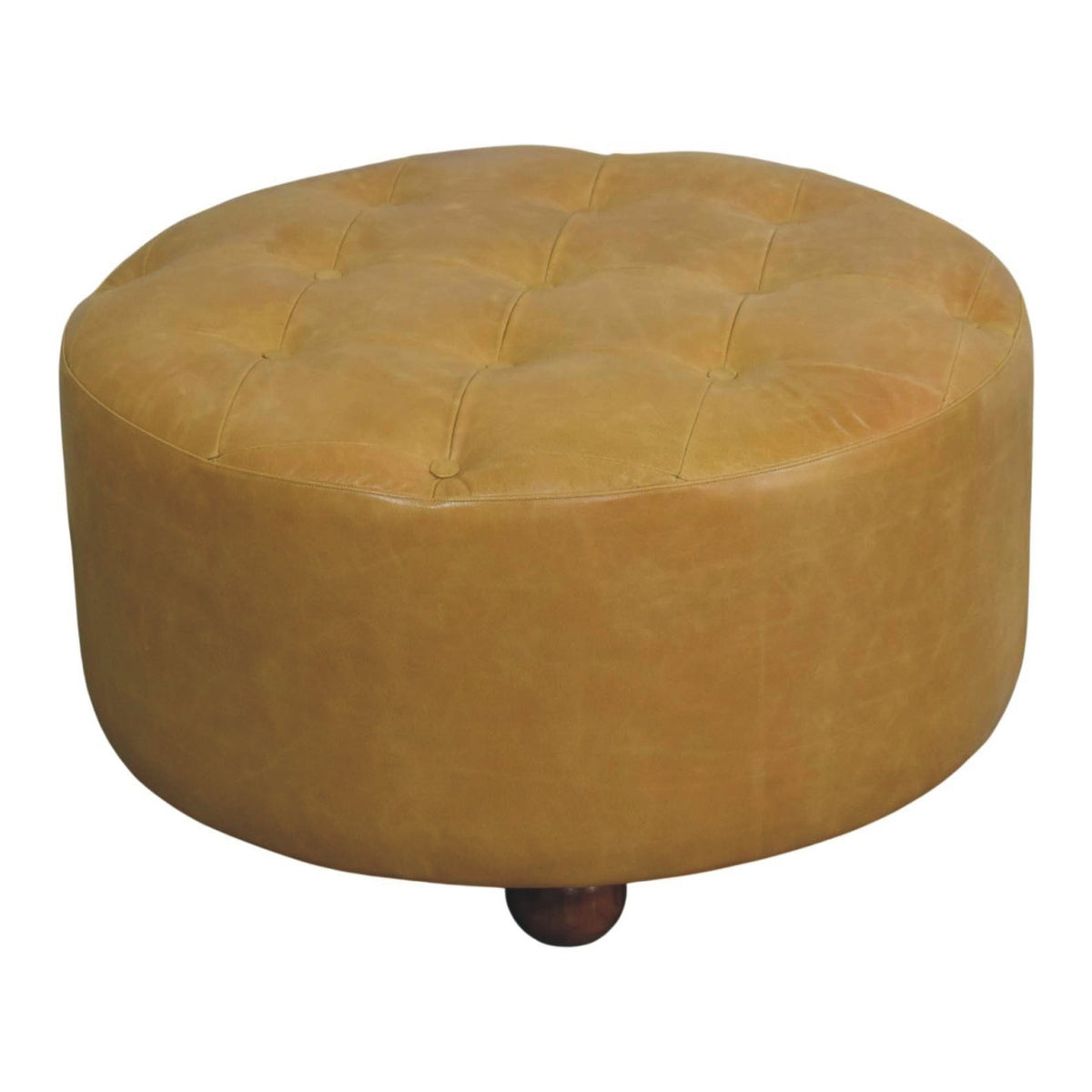 Amber Oak Leather Coffee Table - Round Upholstered Ottoman Table