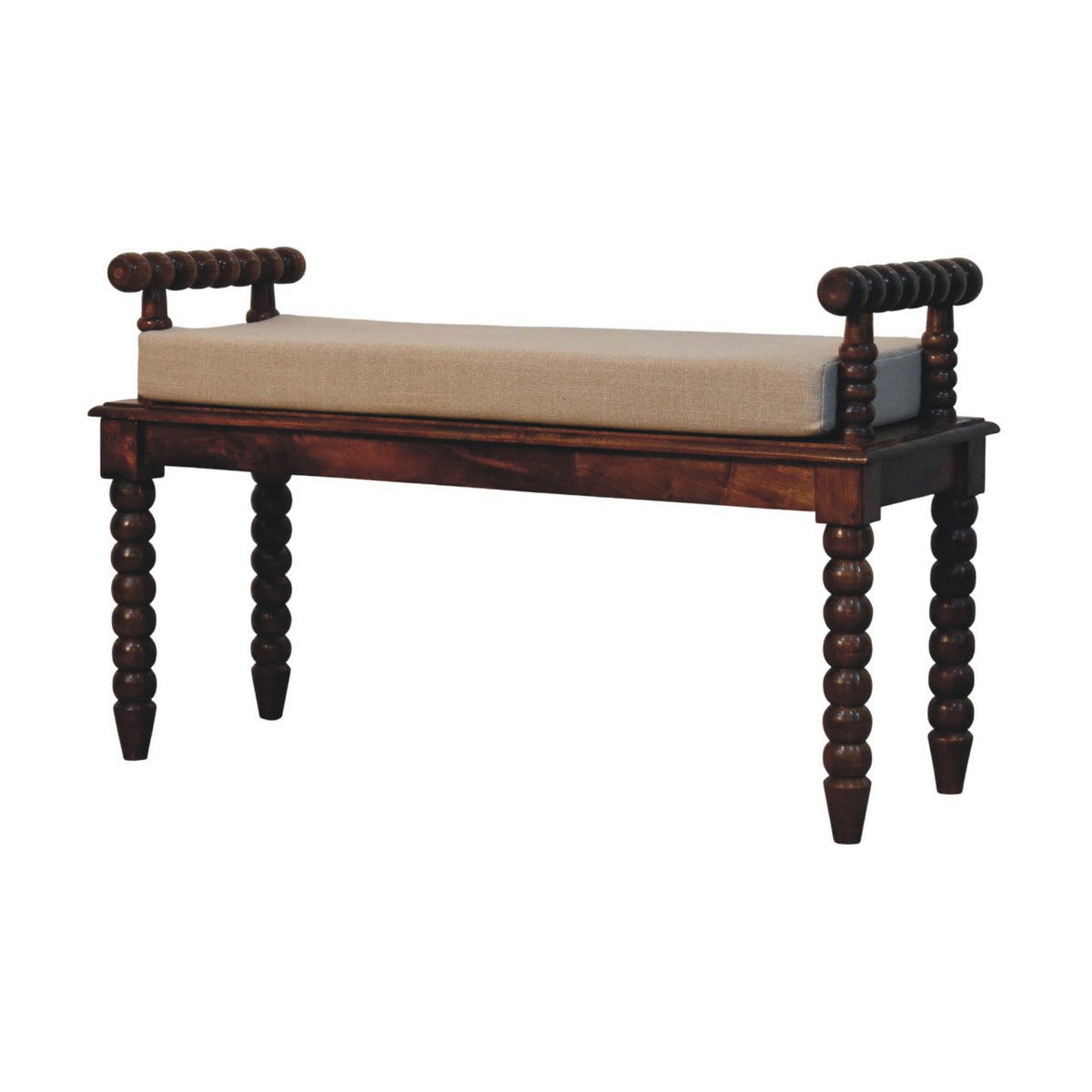 Spindle Cushioned Entryway Bench - Solid Mango Wood Upholstered Bench