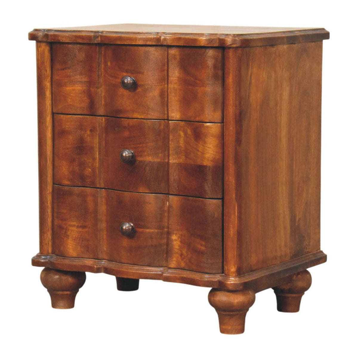 Lume Panel Bedside Table - Solid Mango Wood 3 Drawer Nightstand