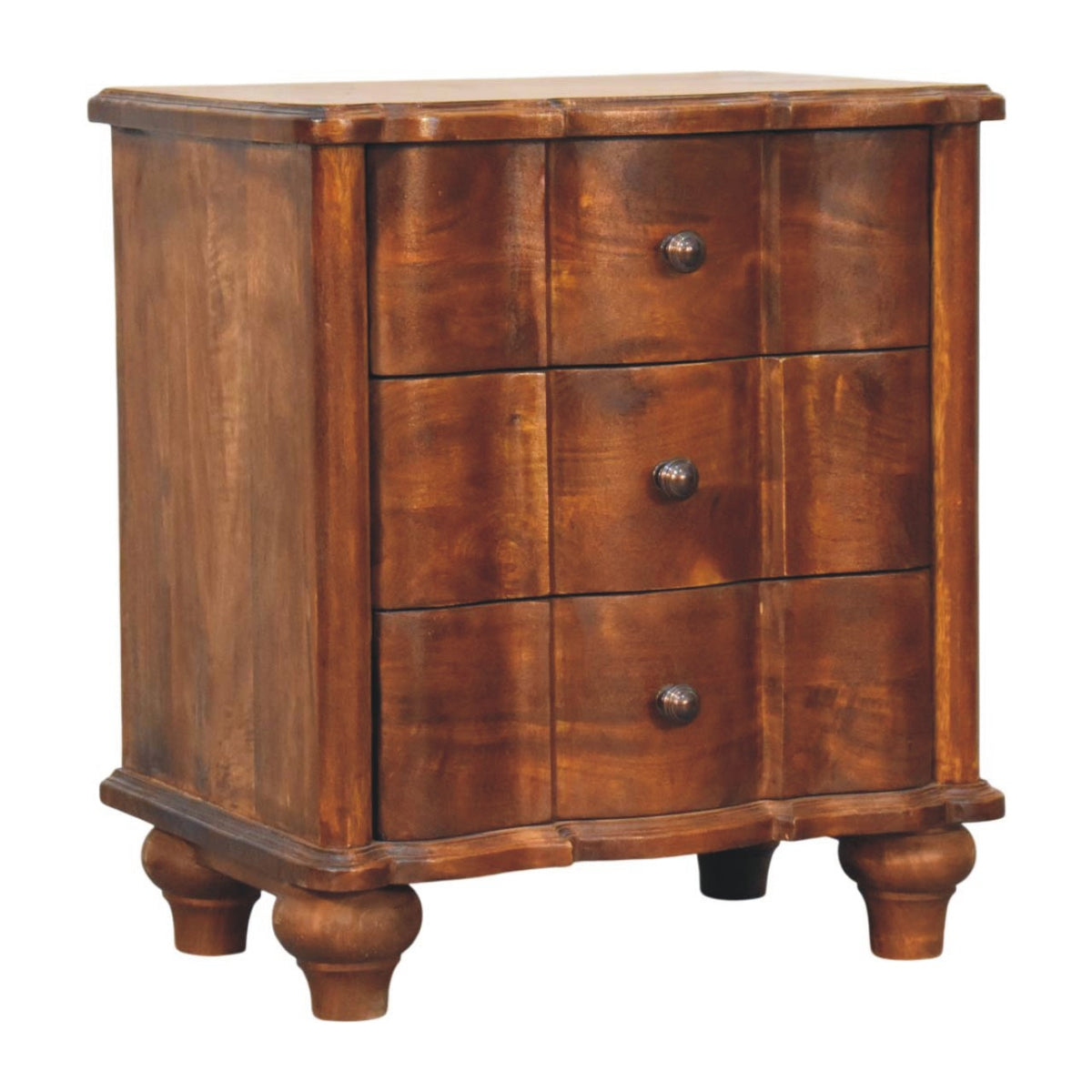 Lume Panel Bedside Table - Solid Mango Wood 3 Drawer Nightstand