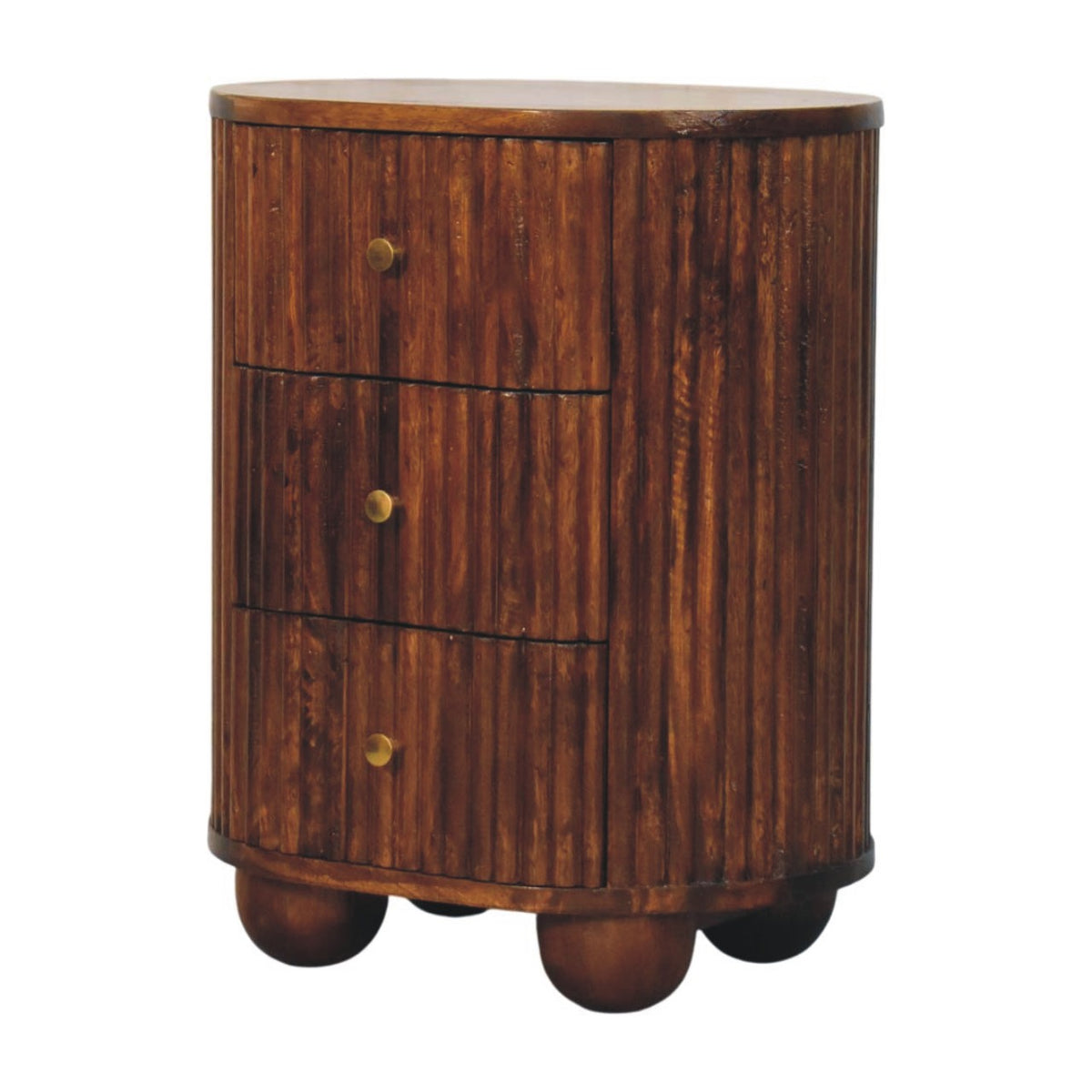 Curved Fluted Bedside Table - Solid Mango Wood 3 Drawer Nightstand