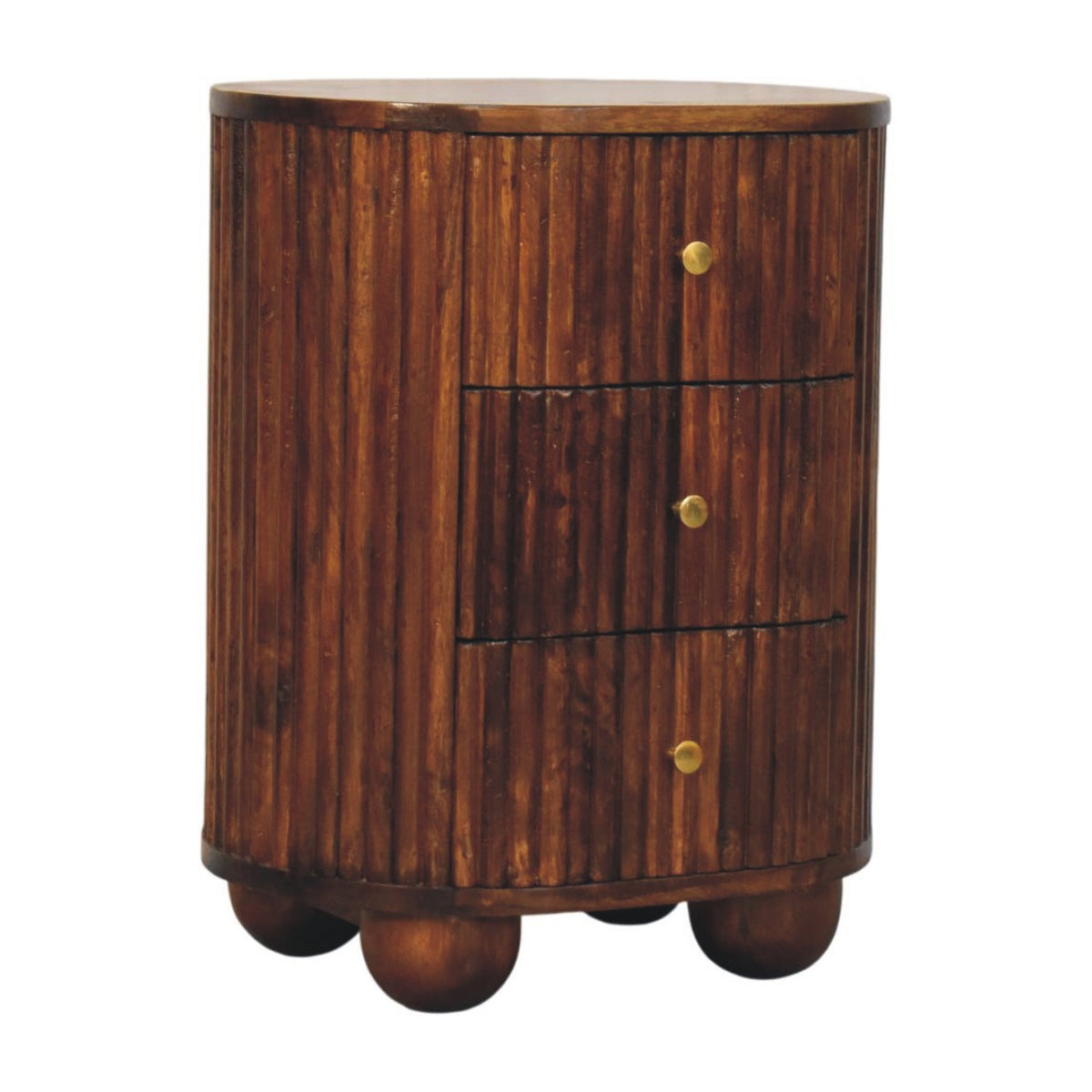 Curved Fluted Bedside Table - Solid Mango Wood 3 Drawer Nightstand