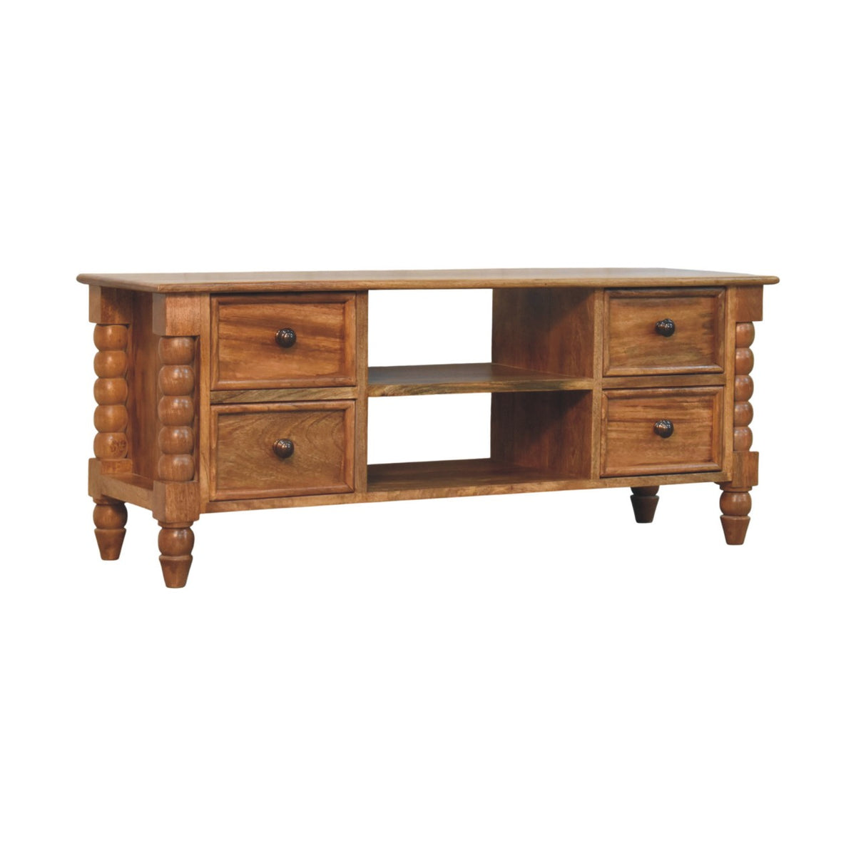 Amber Oak Spindle Media Unit - Solid Mango Wood TV Stand with Storage