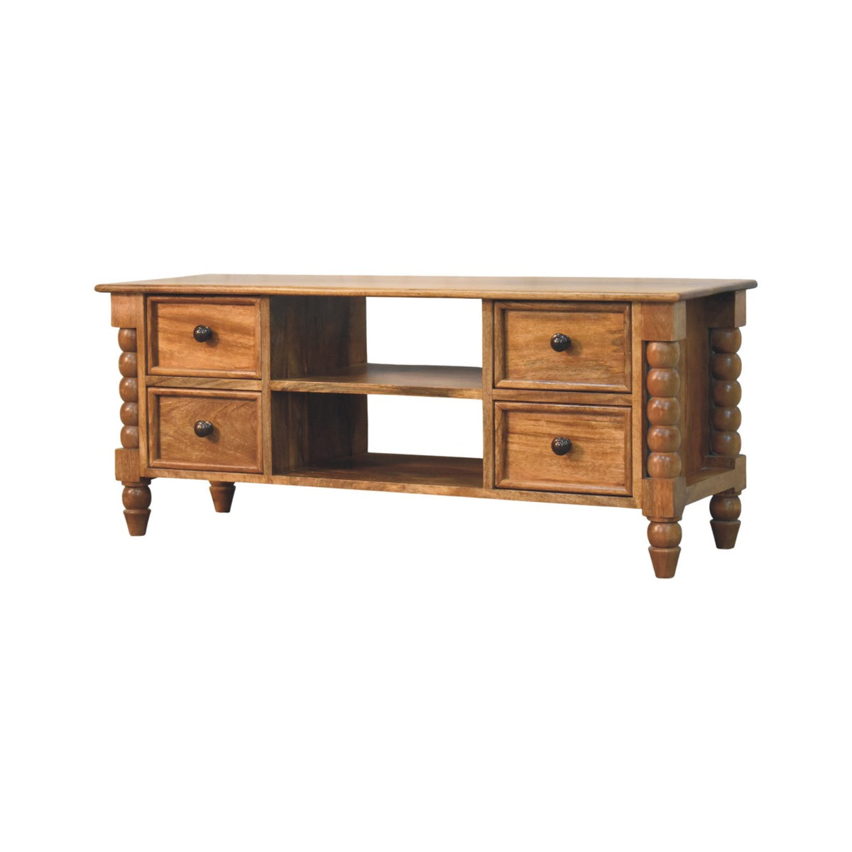 Amber Oak Spindle Media Unit - Solid Mango Wood TV Stand with Storage