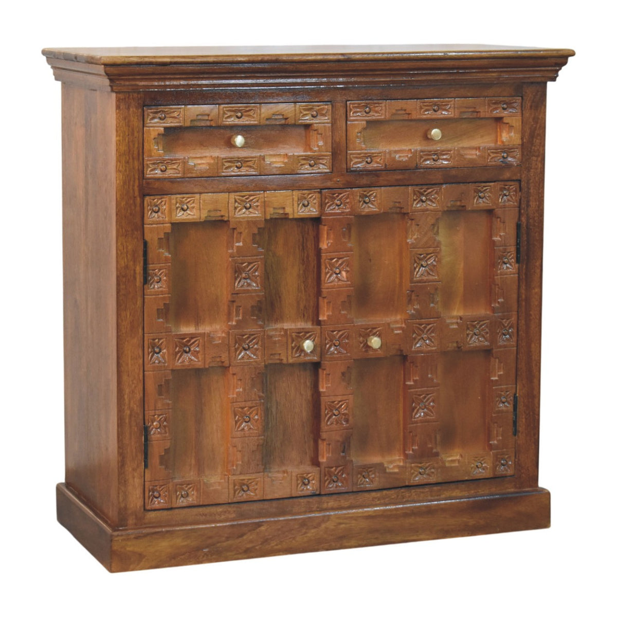 Amber Oak Heritage Carved Cabinet - Solid Mango Wood Storage Cabinet