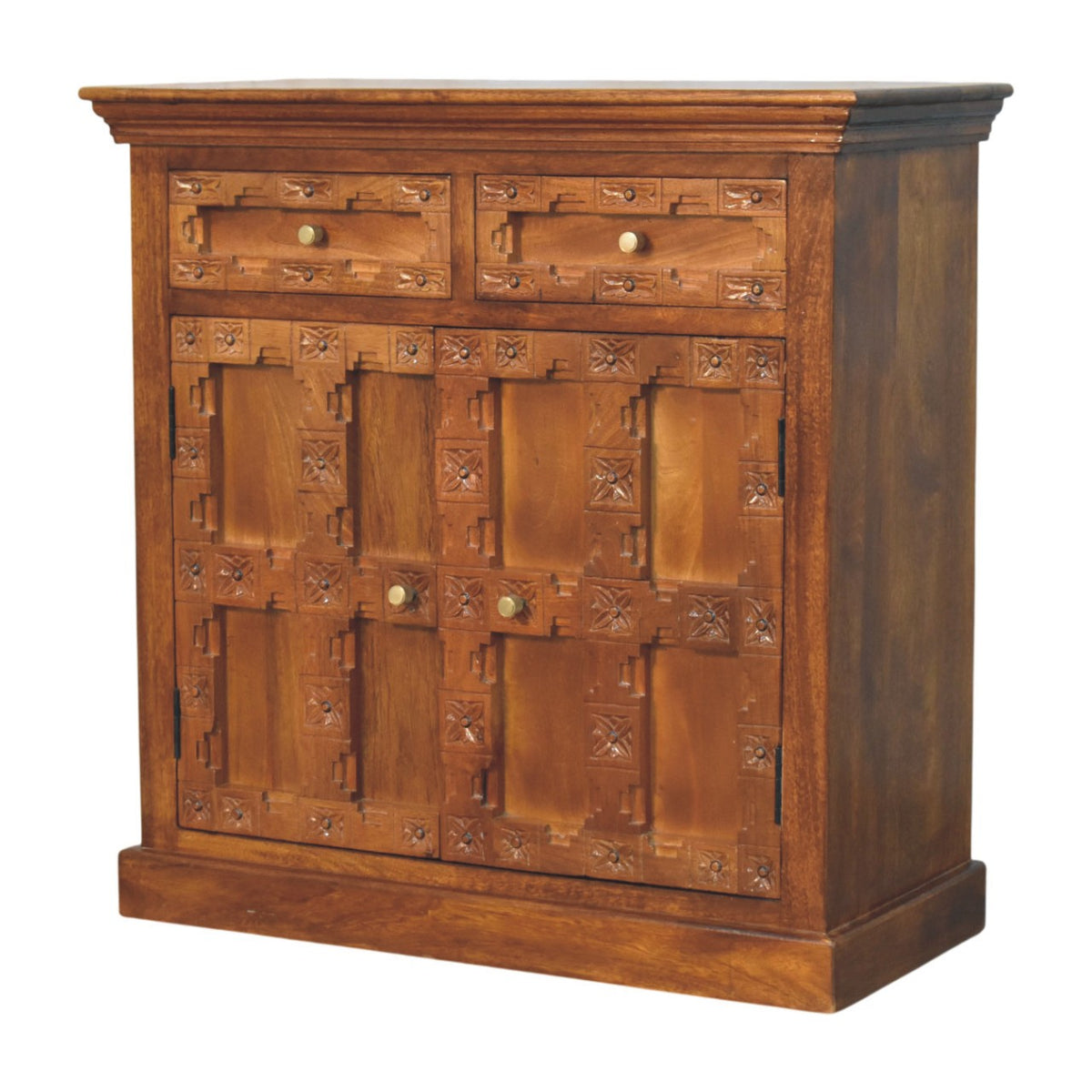 Amber Oak Heritage Carved Cabinet - Solid Mango Wood Storage Cabinet