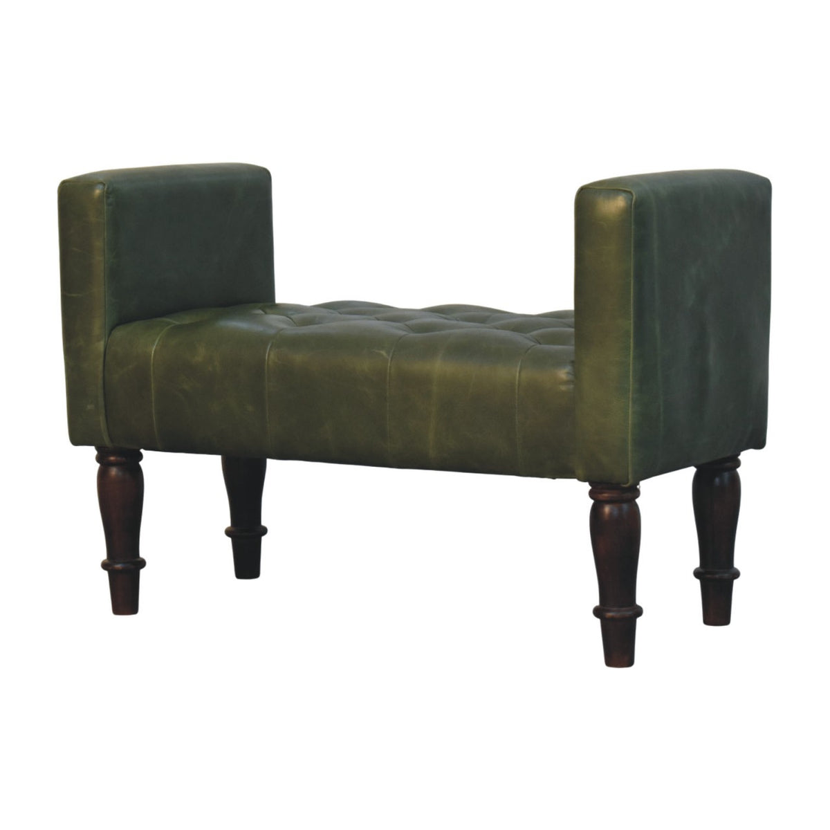 Walnut Green Leather Bedroom Bench - Upholstered End of Bed Bench