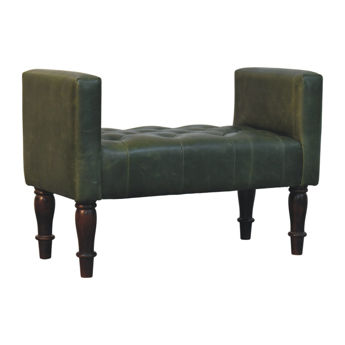 Walnut Green Leather Bedroom Bench - Upholstered End of Bed Bench