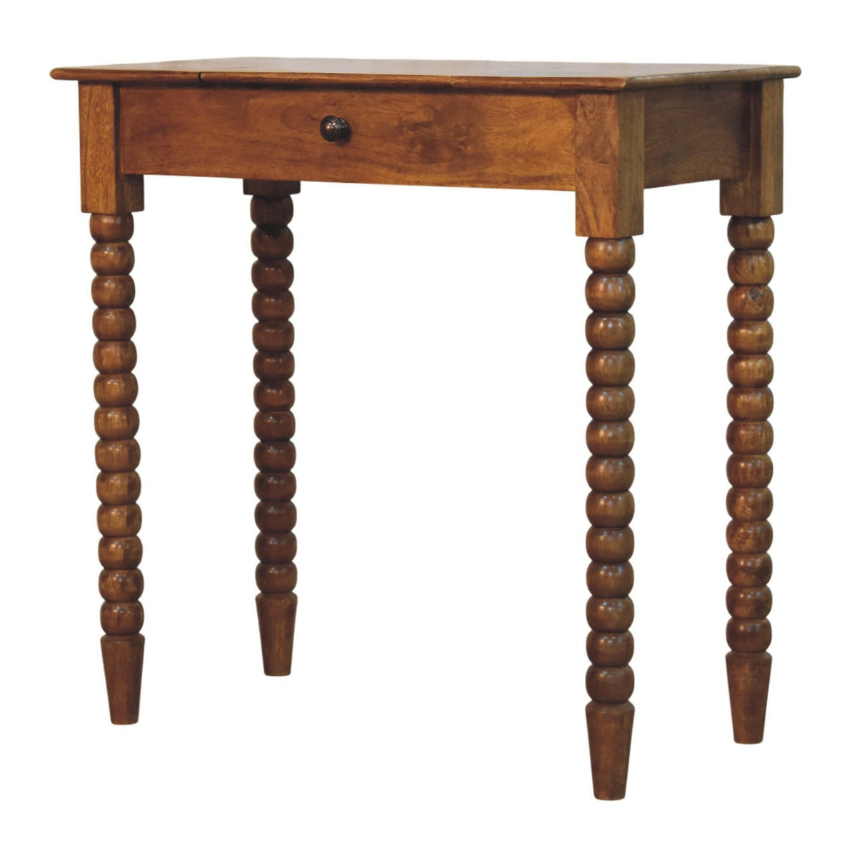 Title: Amber Oak Spindle Dressing Table - Solid Mango Wood Vanity Table