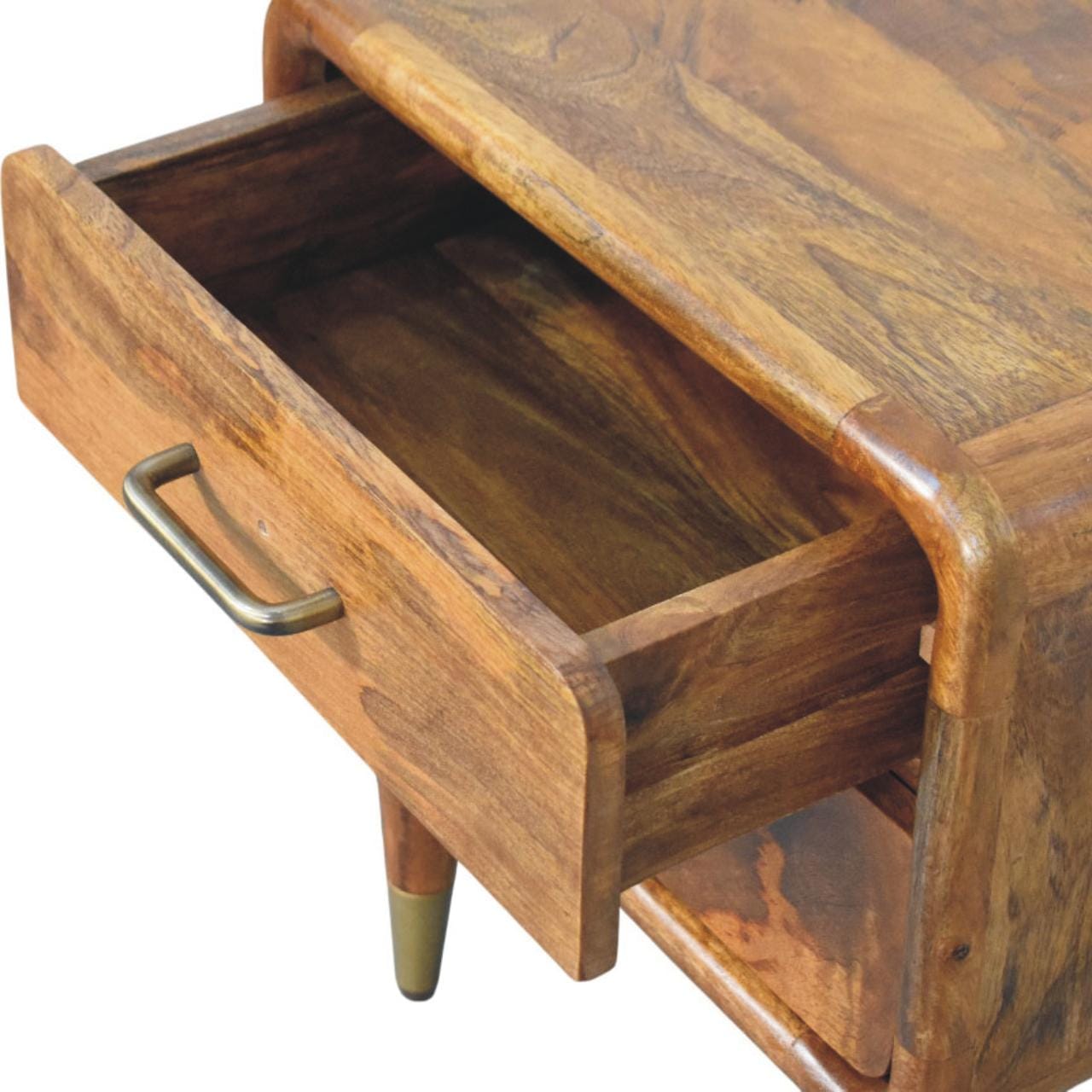 Amber Oak Solid Mango Wood Bedside Table - product view 5 showing handcrafted solid mango wood nightstand