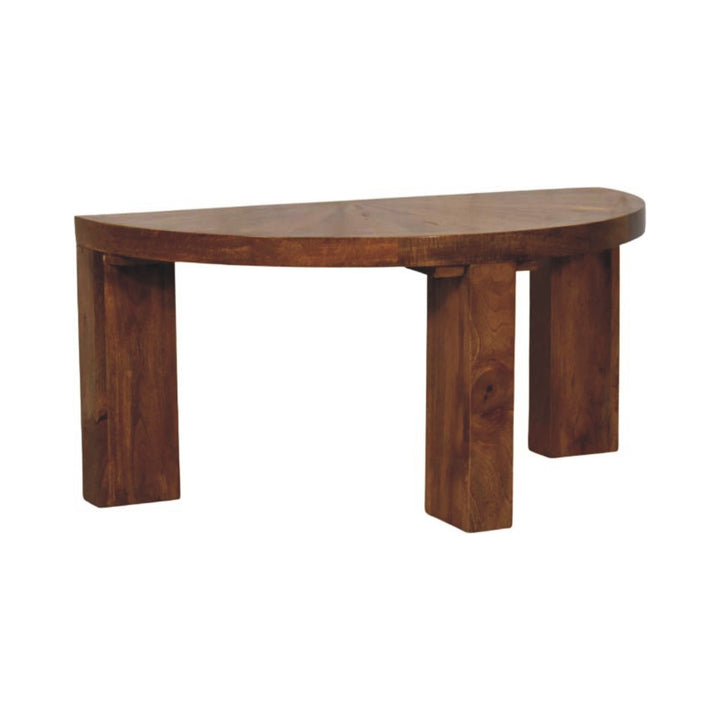 Amber Oak Half Moon Coffee Table in Solid Mango Wood - product view 2 showing handcrafted solid mango wood coffee table