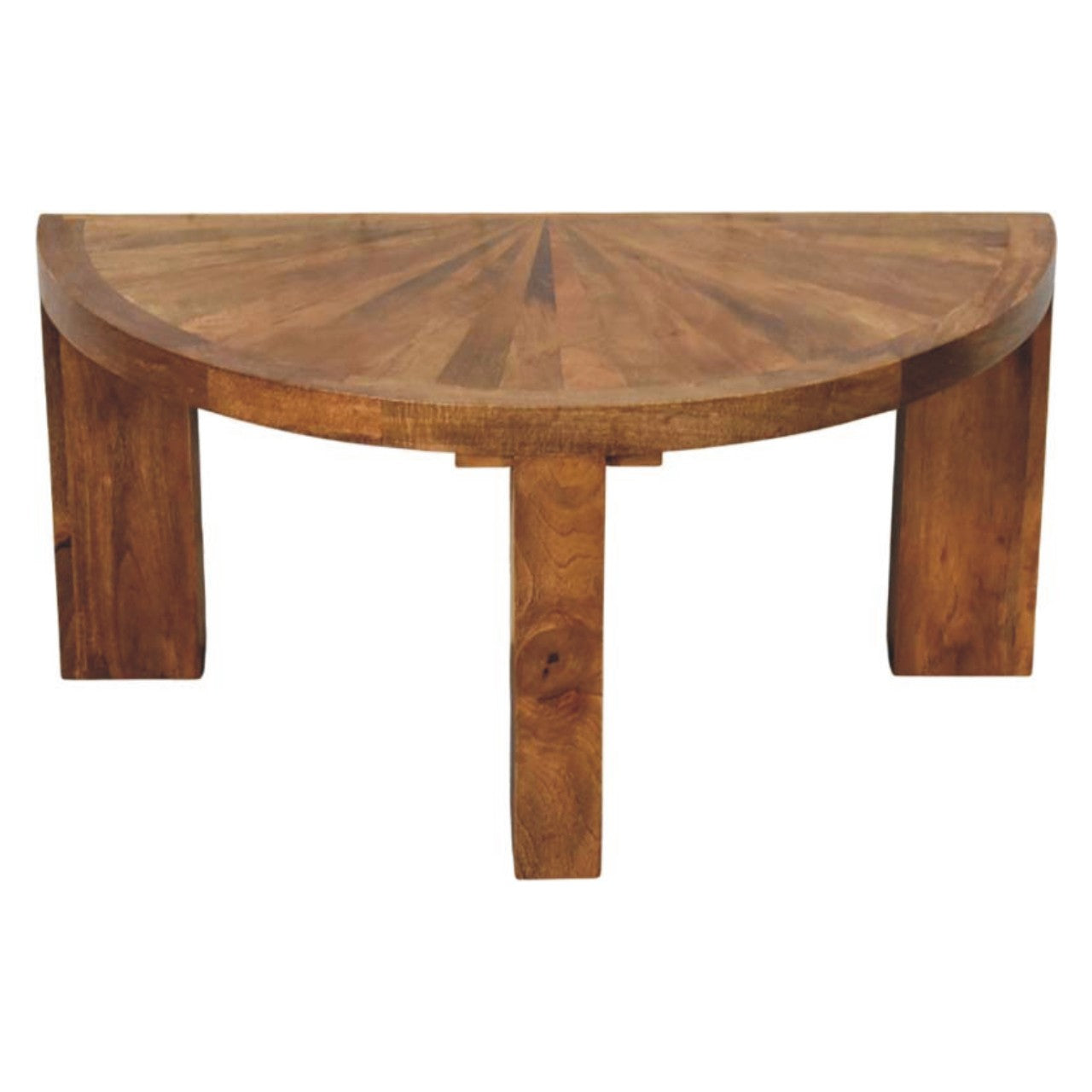 Amber Oak Half Moon Coffee Table in Solid Mango Wood - product view 4 showing handcrafted solid mango wood coffee table