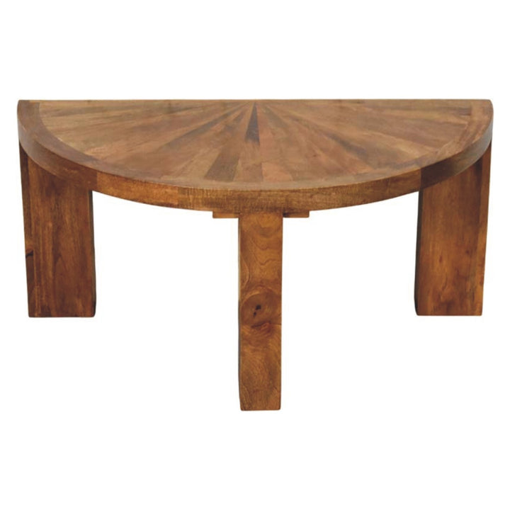 Amber Oak Half Moon Coffee Table in Solid Mango Wood - product view 4 showing handcrafted solid mango wood coffee table