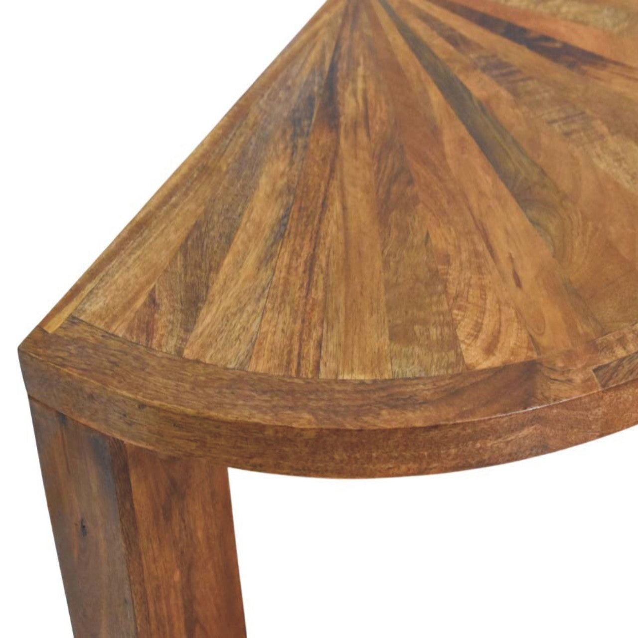Amber Oak Half Moon Coffee Table in Solid Mango Wood - product view 5 showing handcrafted solid mango wood coffee table