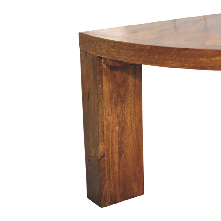 Amber Oak Half Moon Coffee Table in Solid Mango Wood - product view 6 showing handcrafted solid mango wood coffee table