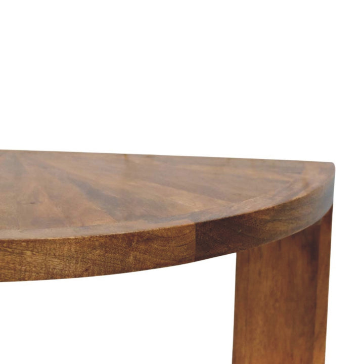 Amber Oak Half Moon Coffee Table in Solid Mango Wood - product view 3 showing handcrafted solid mango wood coffee table