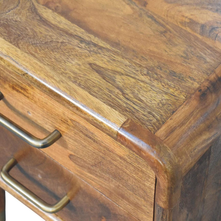 Amber Oak Solid Mango Wood Bedside Table - product view 4 showing handcrafted solid mango wood nightstand