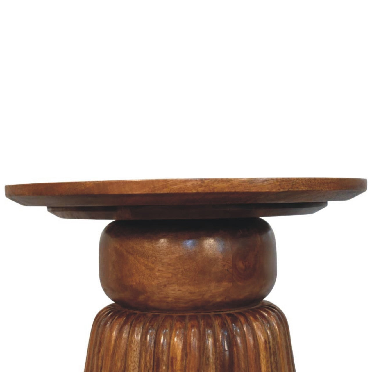 Amber Oak Round Side Table in Solid Mango Wood - product view 4 showing handcrafted solid mango wood side table