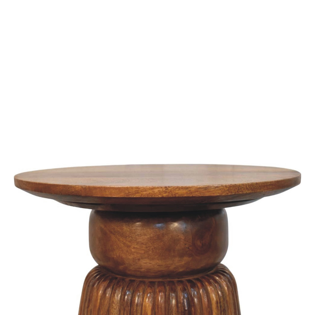Amber Oak Round Side Table in Solid Mango Wood - product view 3 showing handcrafted solid mango wood side table