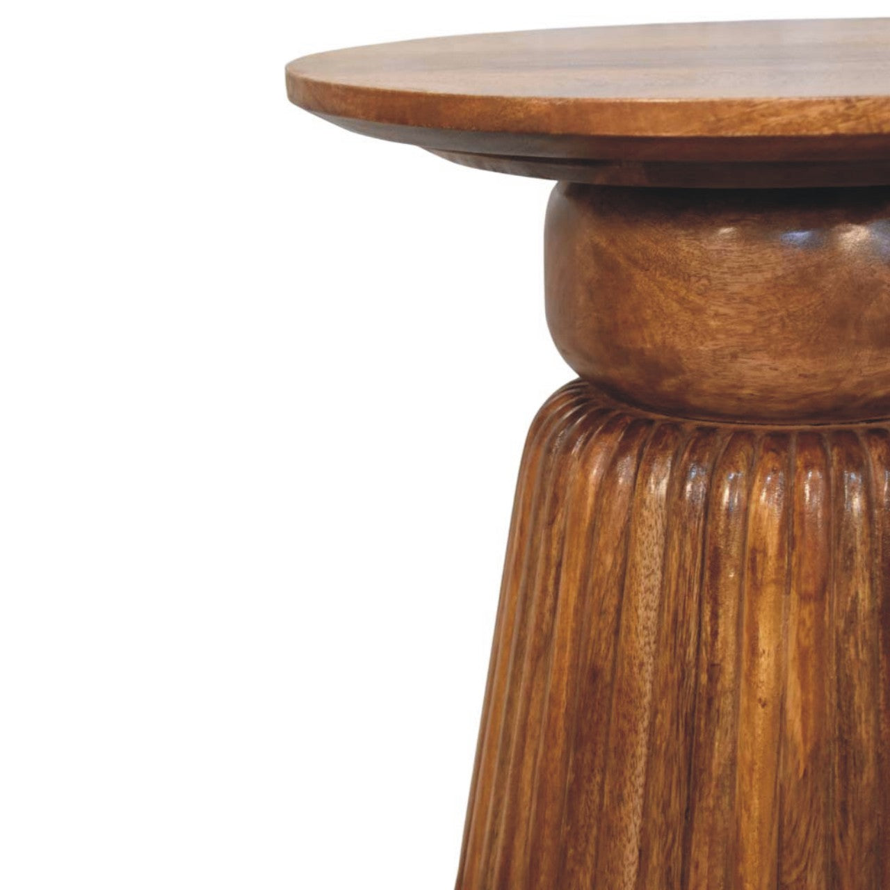 Amber Oak Round Side Table in Solid Mango Wood - product view 2 showing handcrafted solid mango wood side table