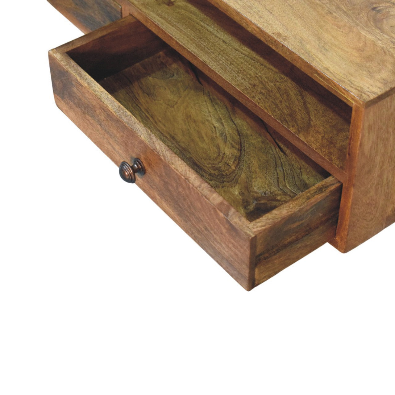 Amber Oak Open Media Unit in Solid Mango Wood - product view 5 showing handcrafted solid mango wood tv stand